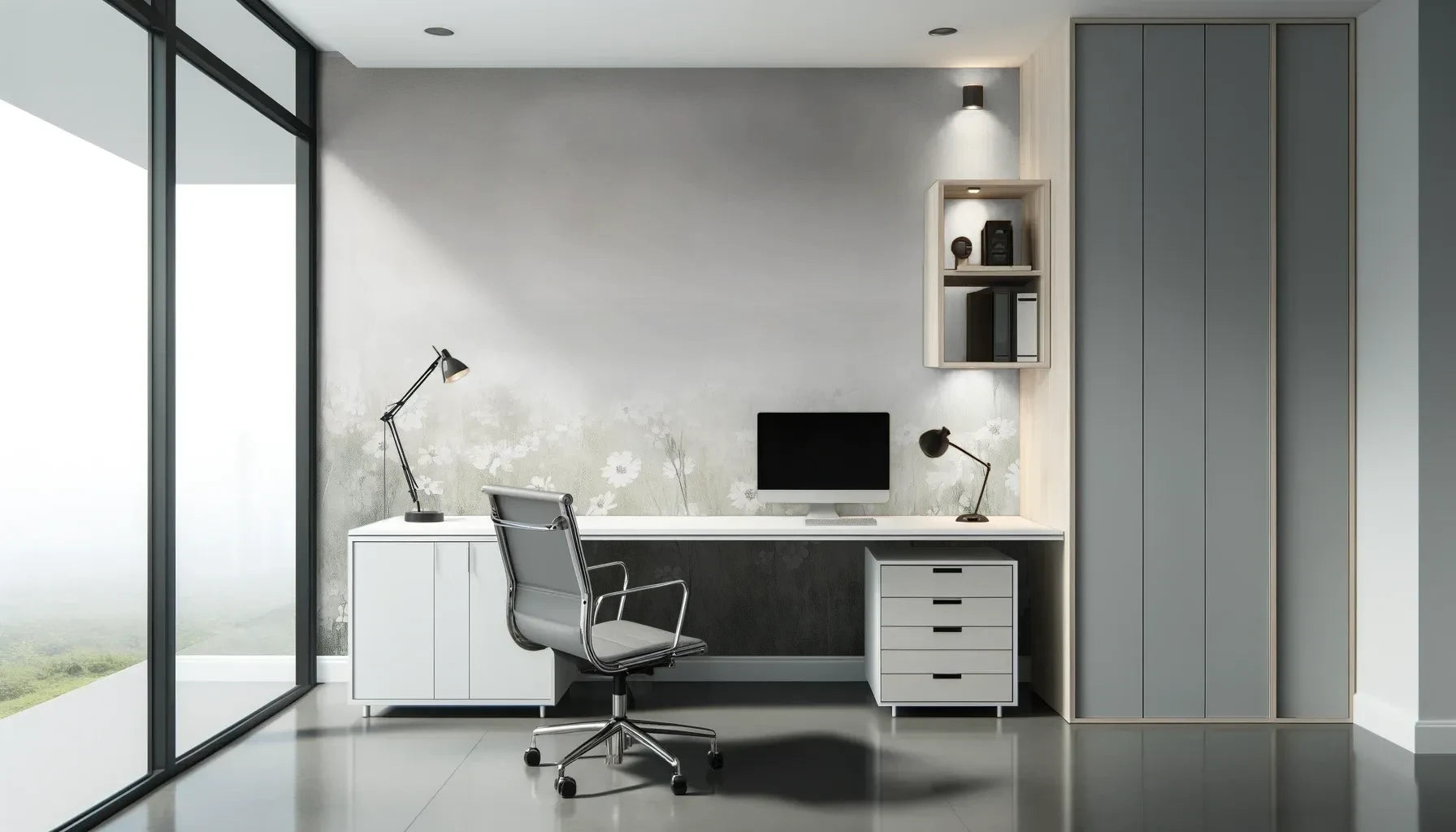 Fototapeta PEARL MEADOW - tapeta z mglistą łąką w stonowanych beżach pokazana w aranżacji biura.