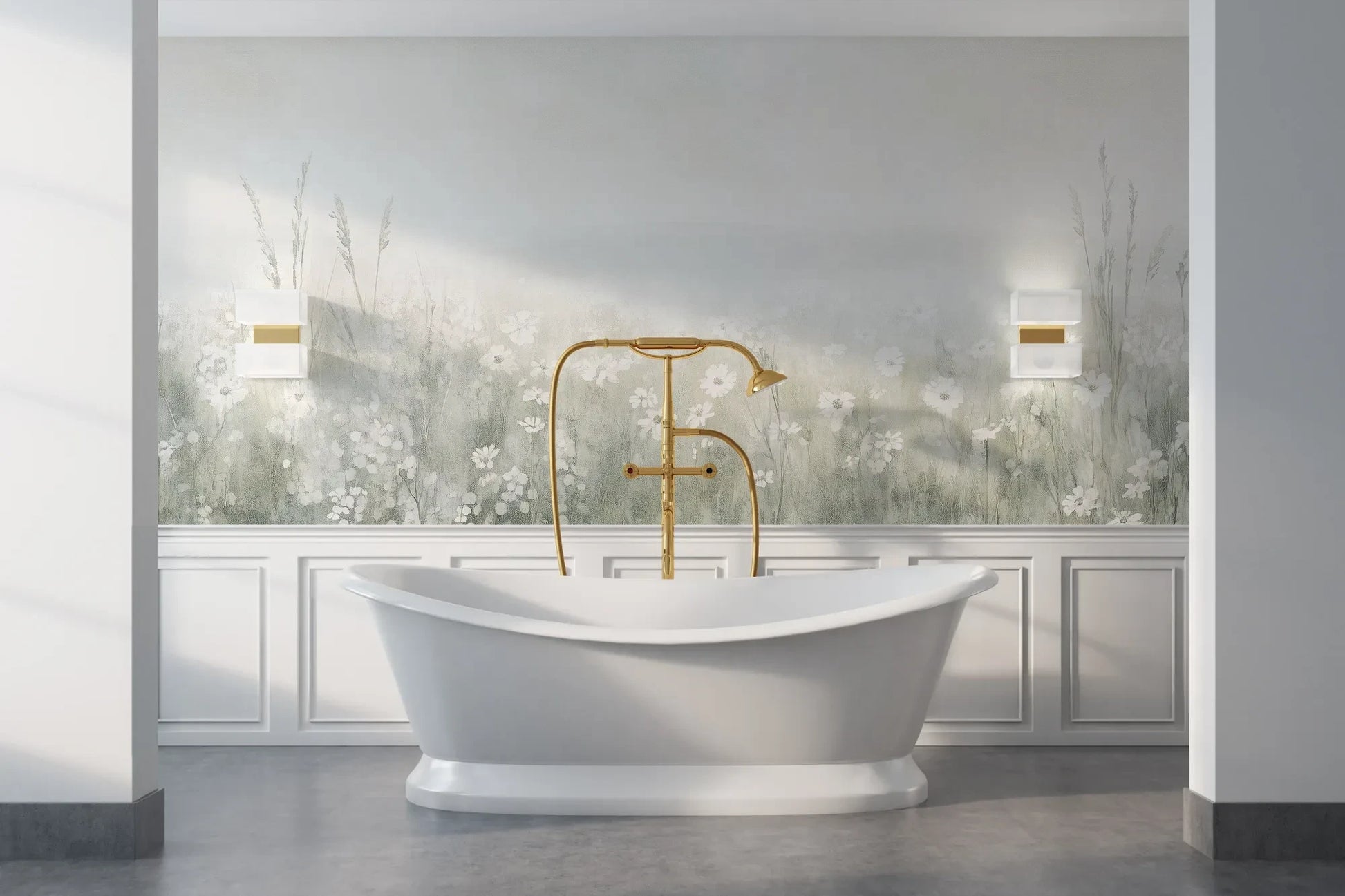 Wzór fototapety PEARL MEADOW - tapeta z mglistą łąką w stonowanych beżach pokazanej w aranżacji łazienki.