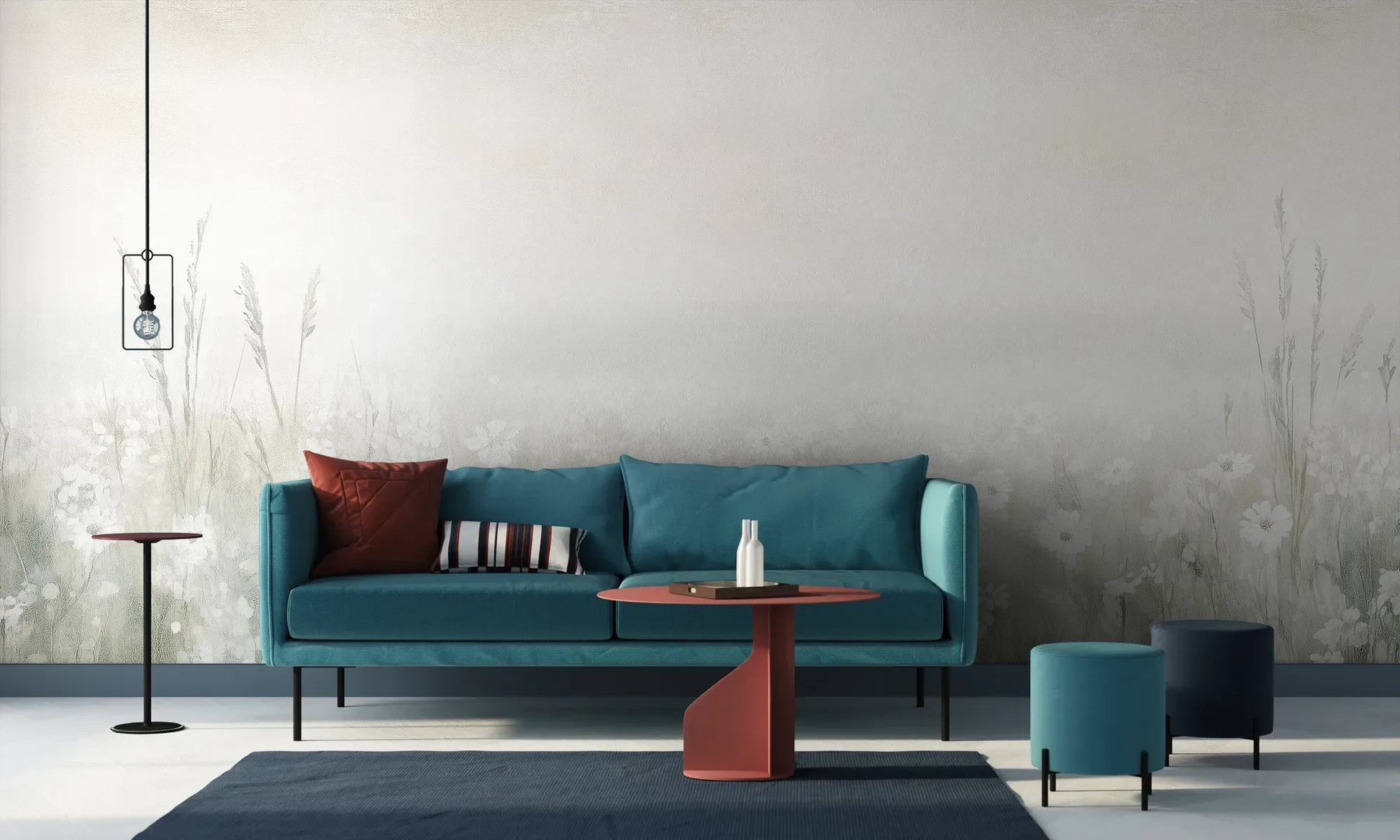 Wzór fototapety PEARL MEADOW - tapeta z mglistą łąką w stonowanych beżach pokazanej w aranżacji salonu.