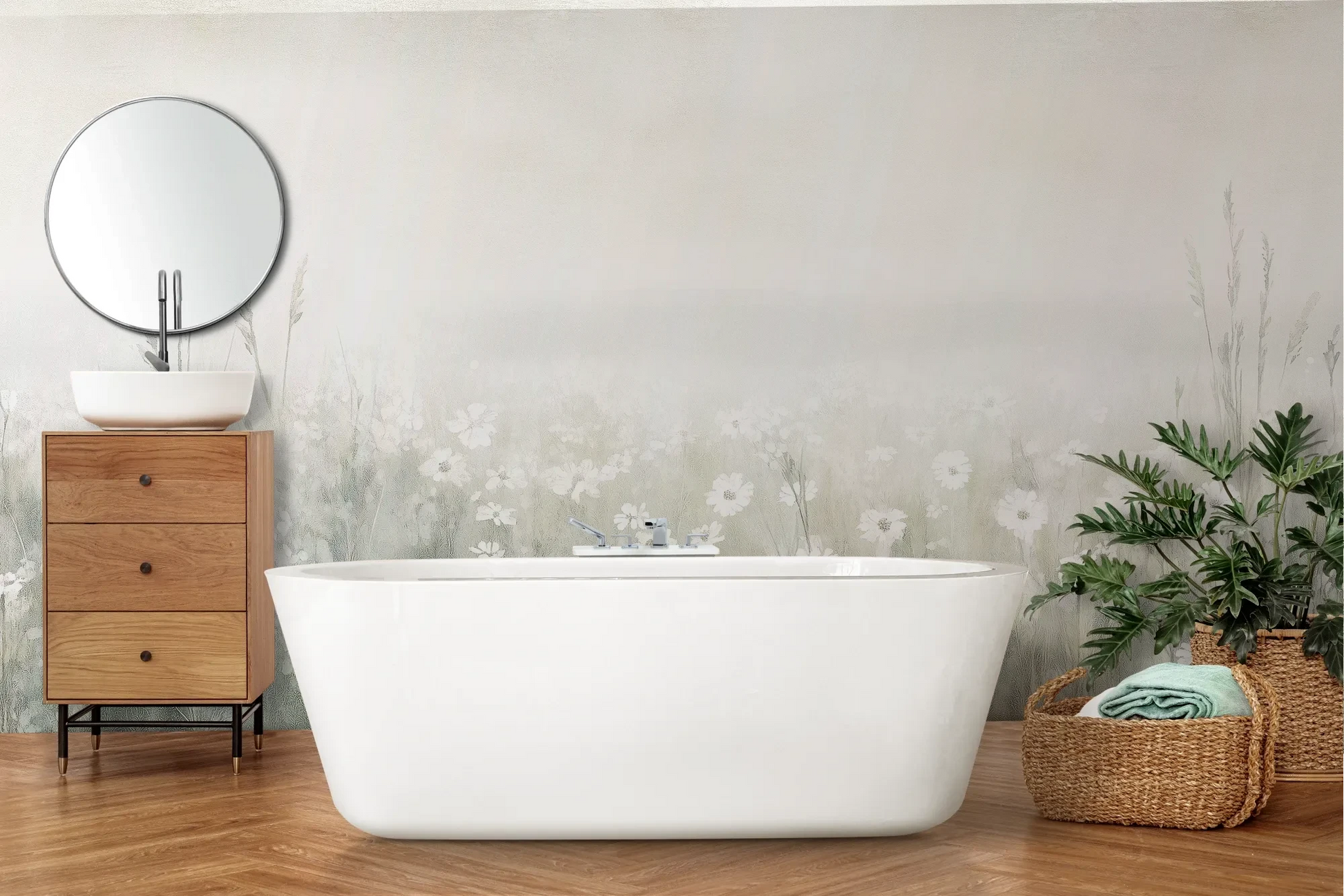 Wzór fototapety PEARL MEADOW - tapeta z mglistą łąką w stonowanych beżach pokazanej w aranżacji łazienki.