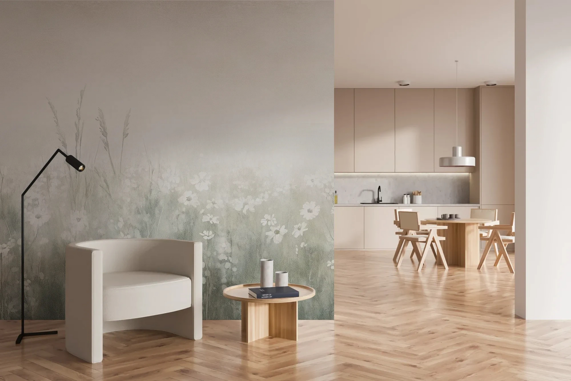 Wzór fototapety PEARL MEADOW - tapeta z mglistą łąką w stonowanych beżach pokazanej w aranżacji kuchni.