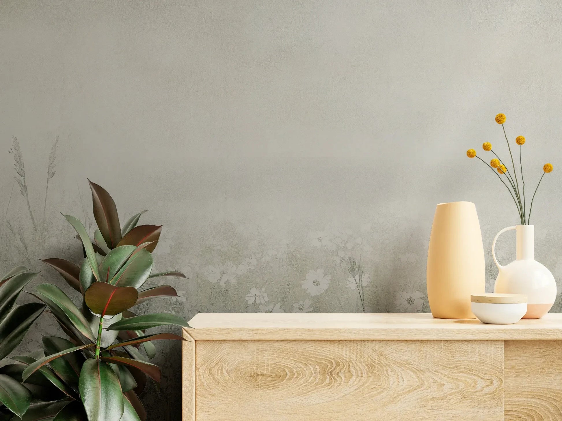 Fototapeta PEARL MEADOW - tapeta z mglistą łąką w stonowanych beżach pokazana w aranżacji wnętrza z akcentem na ścianie.