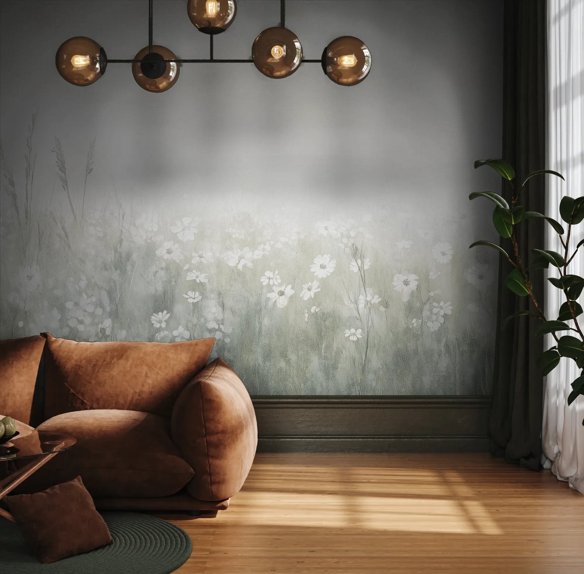 Fototapeta PEARL MEADOW - tapeta z mglistą łąką w stonowanych beżach pokazana w aranżacji wnętrza z akcentem na ścianie.