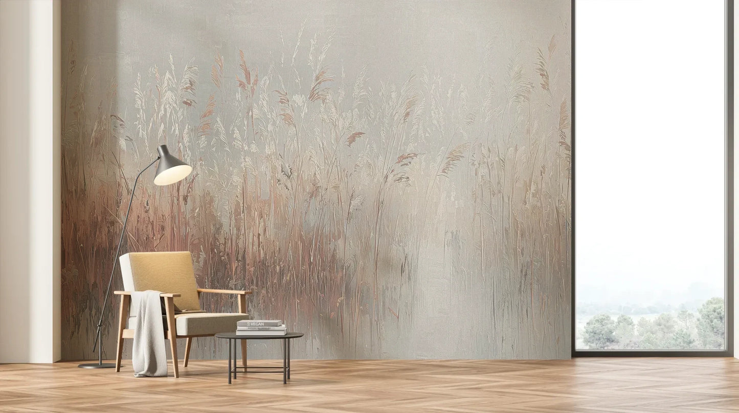 Wzór fototapety BLENDED HORIZON - tapeta z mglistym pejzażem w odcieniach różu i szarości pokazanej w aranżacji salonu.
