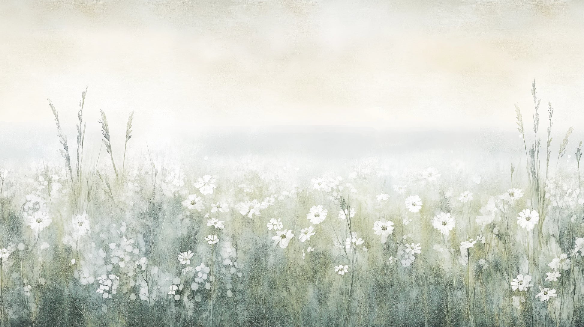Prezentacja całego wzoru fototapety o nazwie IVORY WILDFIELDS - tapeta z mglista łąką w delikatnych barwach