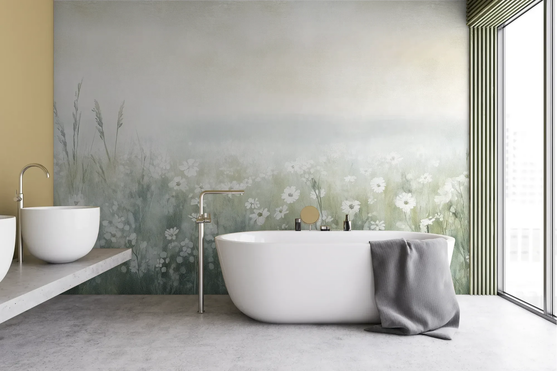 Wzór fototapety IVORY WILDFIELDS - tapeta z mglista łąką w delikatnych barwach pokazanej w aranżacji łazienki.