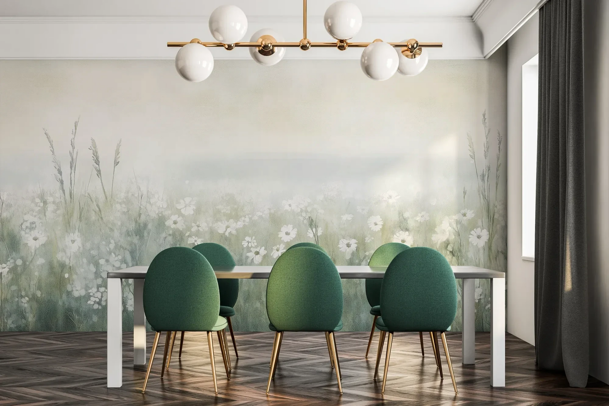 Fototapeta IVORY WILDFIELDS - tapeta z mglista łąką w delikatnych barwach pokazana w aranżacji jadalni.