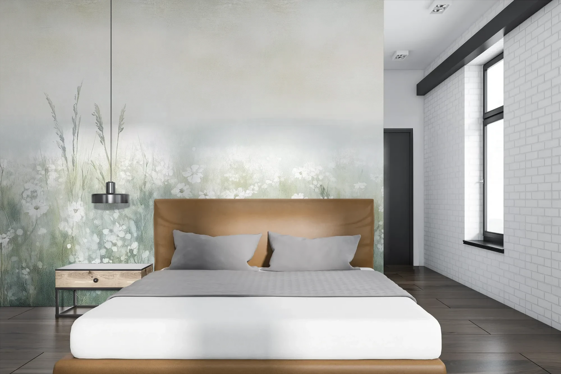 Wzór fototapety IVORY WILDFIELDS - tapeta z mglista łąką w delikatnych barwach pokazanej w aranżacji sypialni.