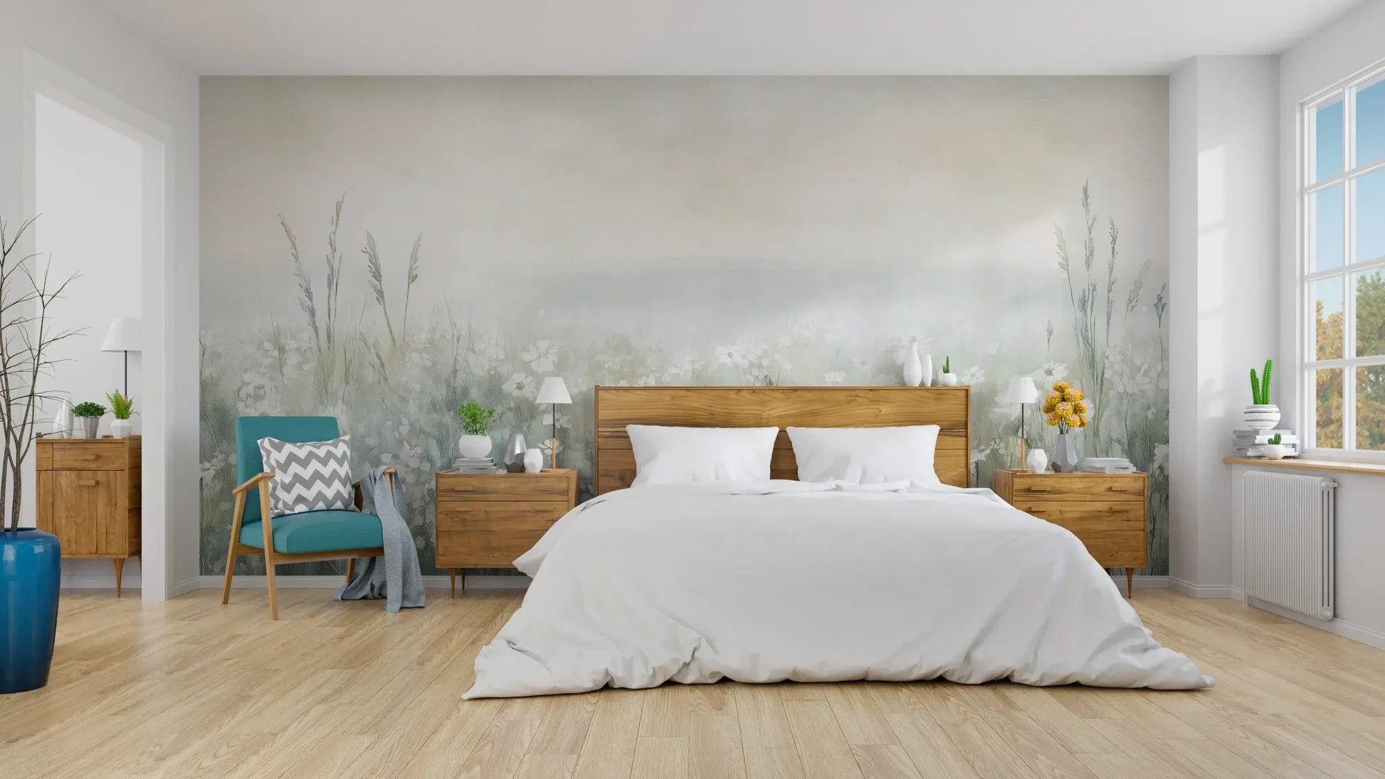 Wzór fototapety IVORY WILDFIELDS - tapeta z mglista łąką w delikatnych barwach pokazanej w aranżacji sypialni.