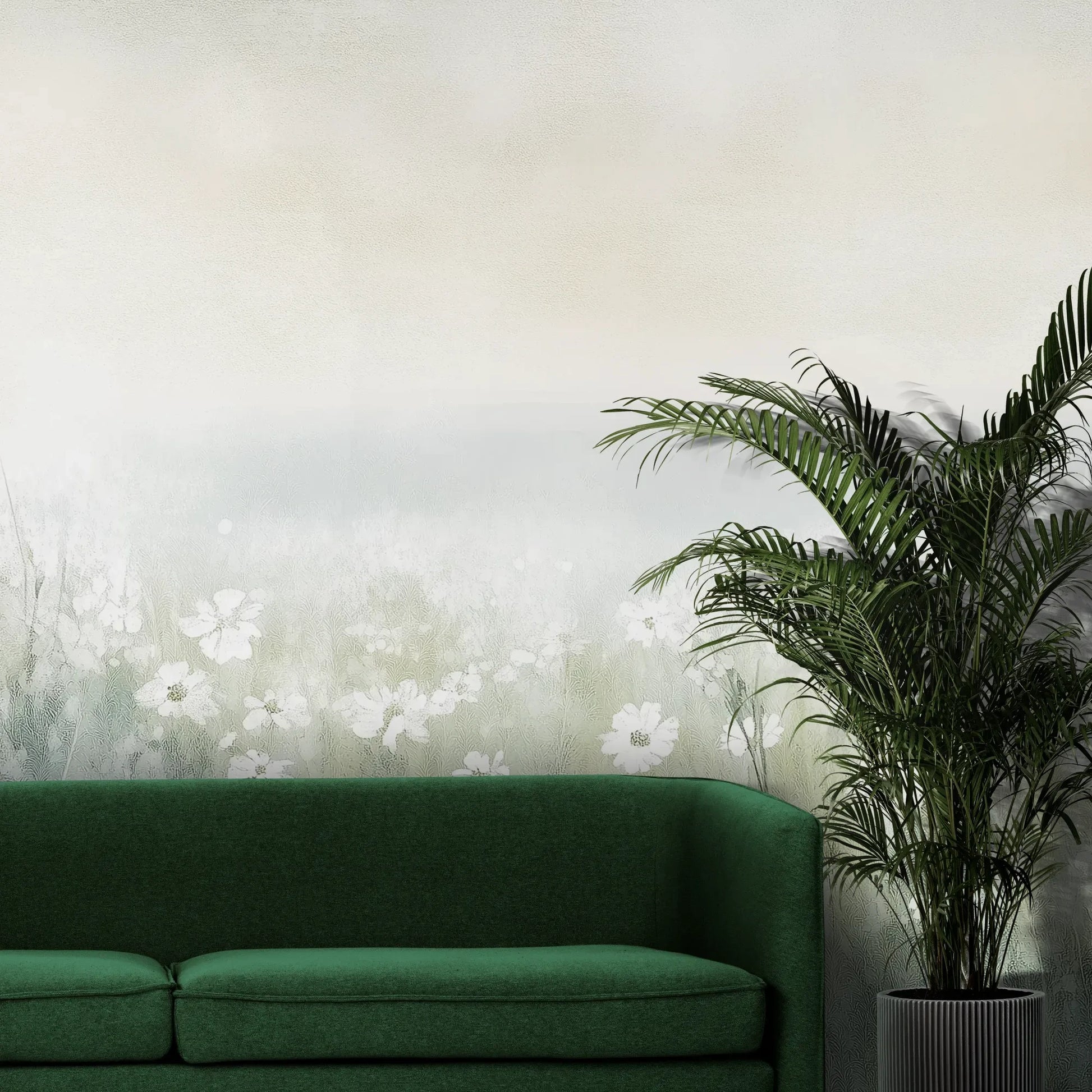 Fototapeta IVORY WILDFIELDS - tapeta z mglista łąką w delikatnych barwach pokazana w aranżacji wnętrza z akcentem na ścianie.