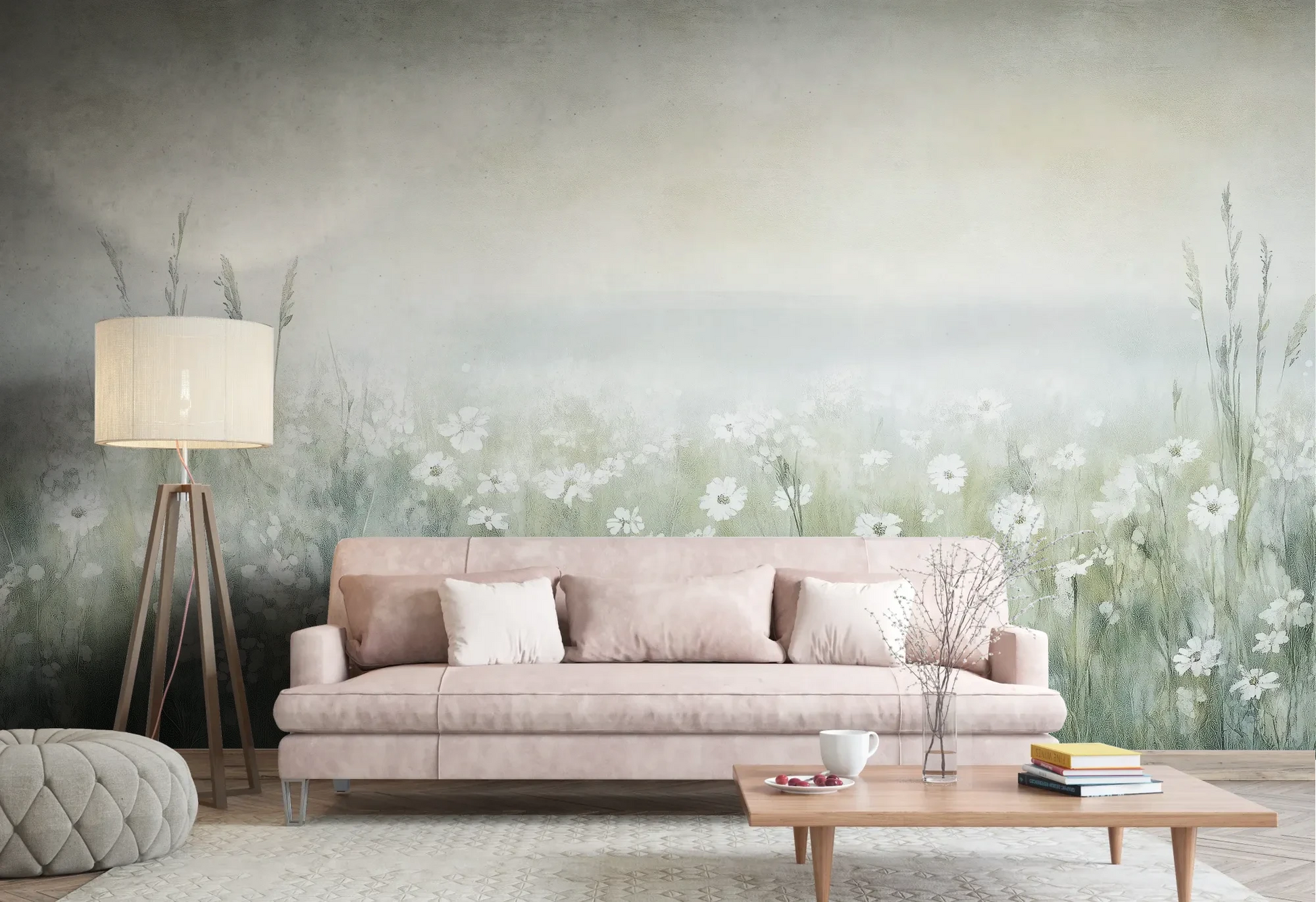 Wzór fototapety IVORY WILDFIELDS - tapeta z mglista łąką w delikatnych barwach pokazanej w aranżacji salonu.