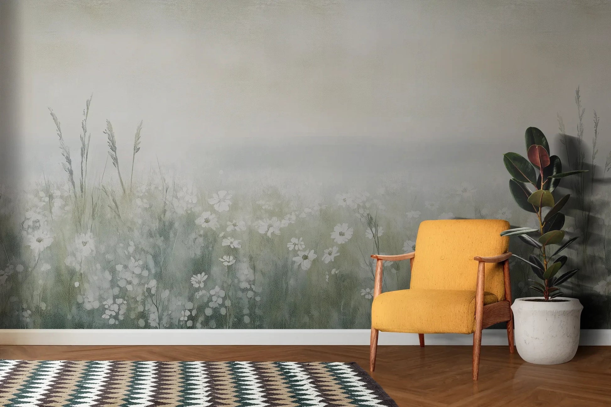 Wzór fototapety IVORY WILDFIELDS - tapeta z mglista łąką w delikatnych barwach pokazanej w aranżacji salonu.