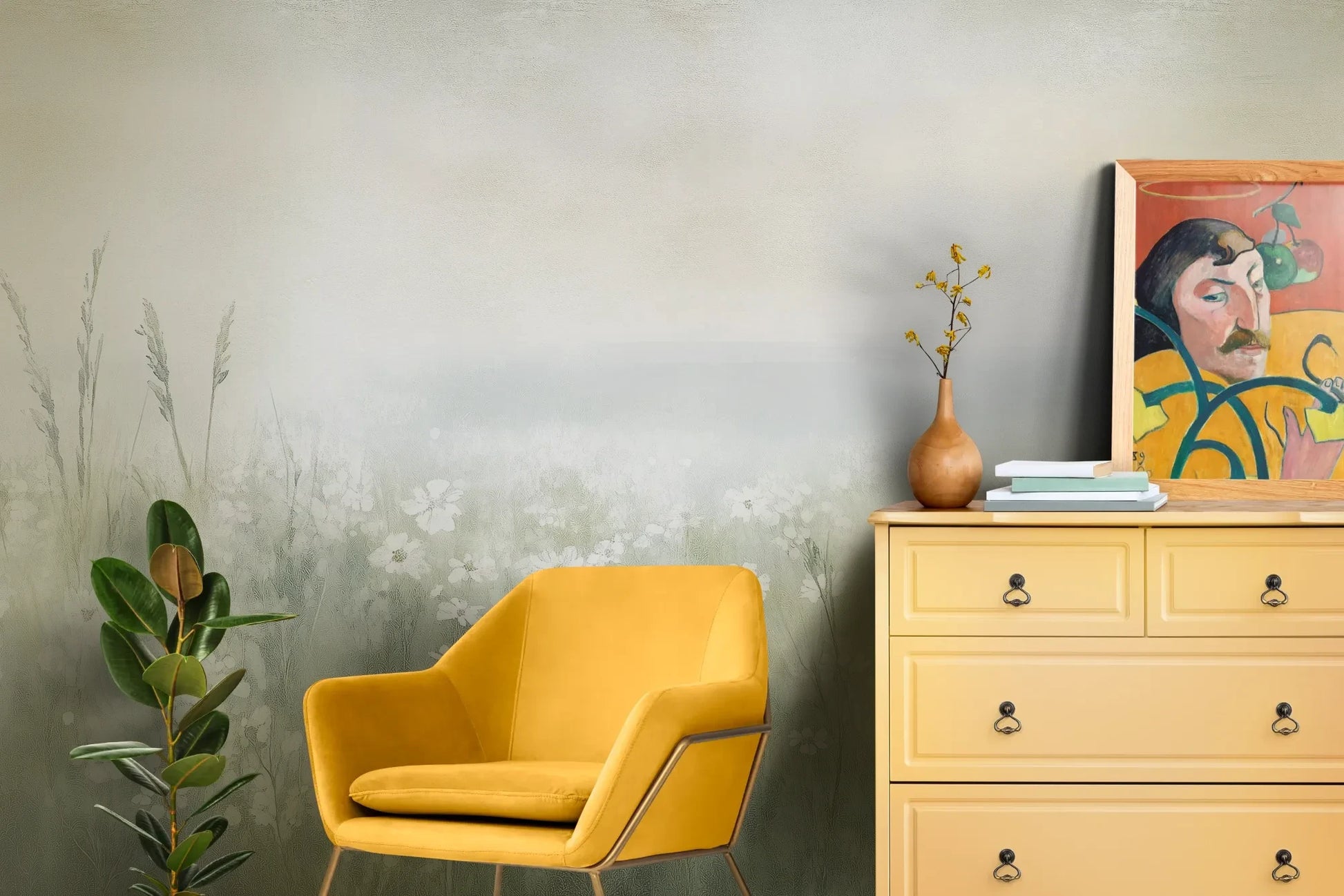 Wzór fototapety IVORY WILDFIELDS - tapeta z mglista łąką w delikatnych barwach pokazanej w aranżacji salonu.