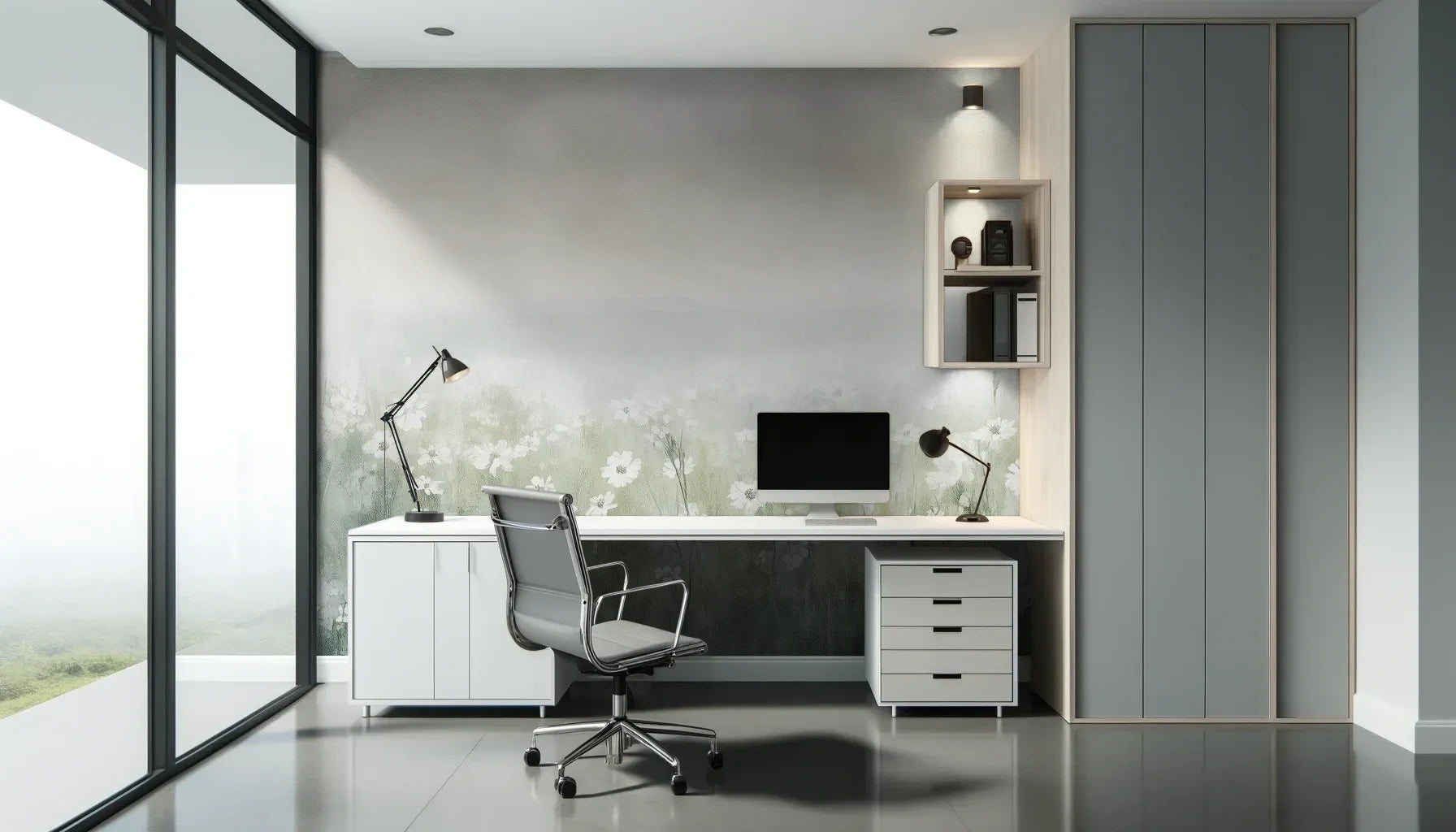 Fototapeta IVORY WILDFIELDS - tapeta z mglista łąką w delikatnych barwach pokazana w aranżacji biura.