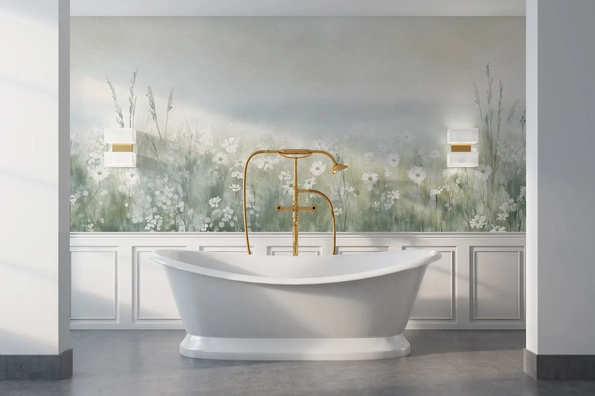 Wzór fototapety IVORY WILDFIELDS - tapeta z mglista łąką w delikatnych barwach pokazanej w aranżacji łazienki.
