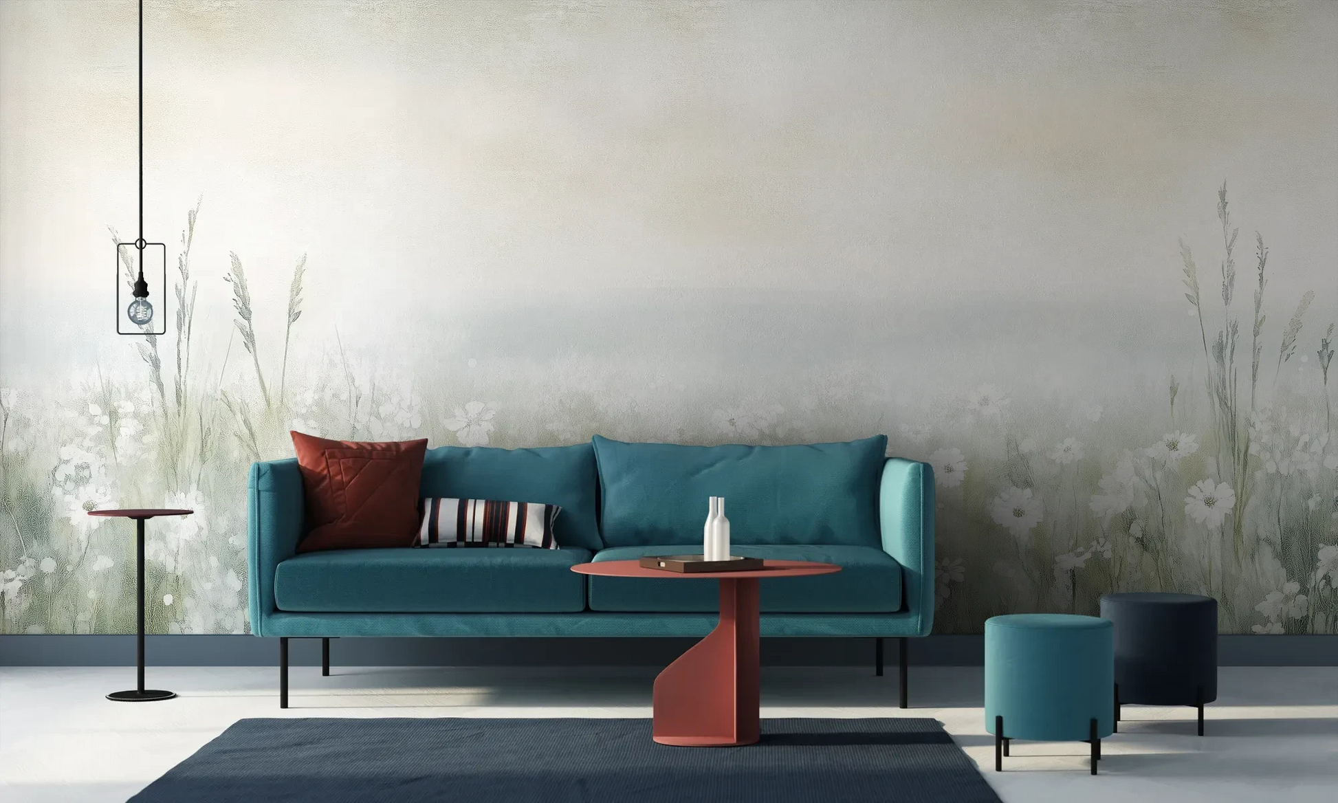 Wzór fototapety IVORY WILDFIELDS - tapeta z mglista łąką w delikatnych barwach pokazanej w aranżacji salonu.