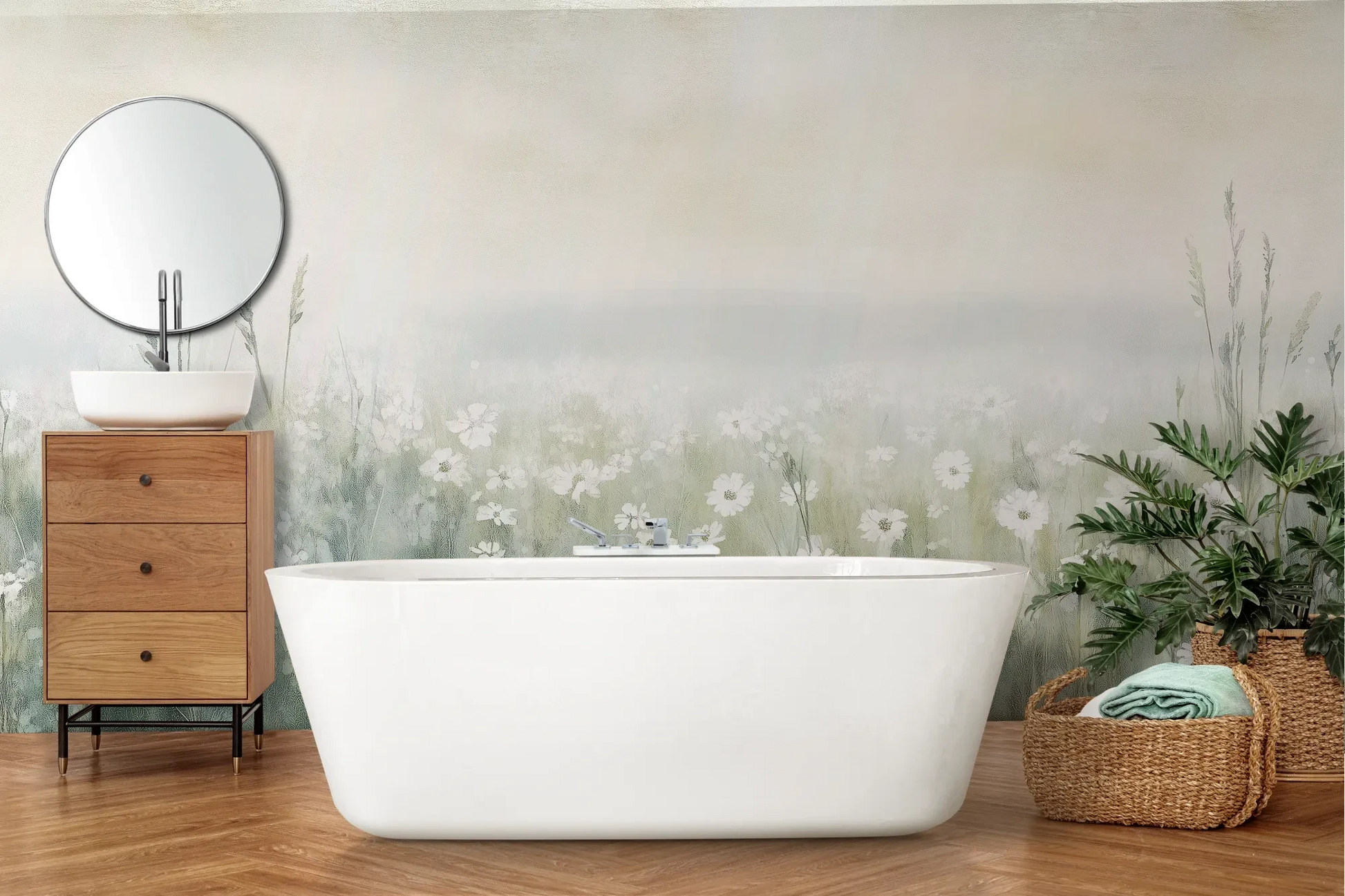 Wzór fototapety IVORY WILDFIELDS - tapeta z mglista łąką w delikatnych barwach pokazanej w aranżacji łazienki.