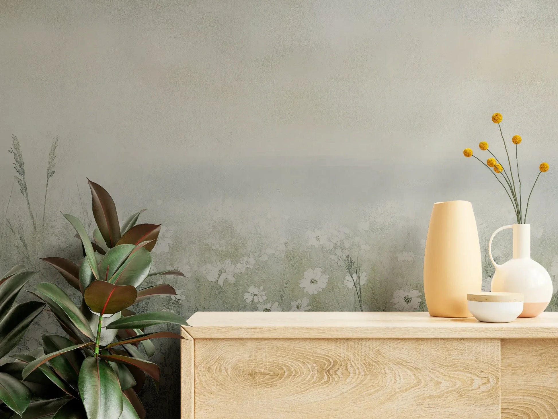 Fototapeta IVORY WILDFIELDS - tapeta z mglista łąką w delikatnych barwach pokazana w aranżacji wnętrza z akcentem na ścianie.