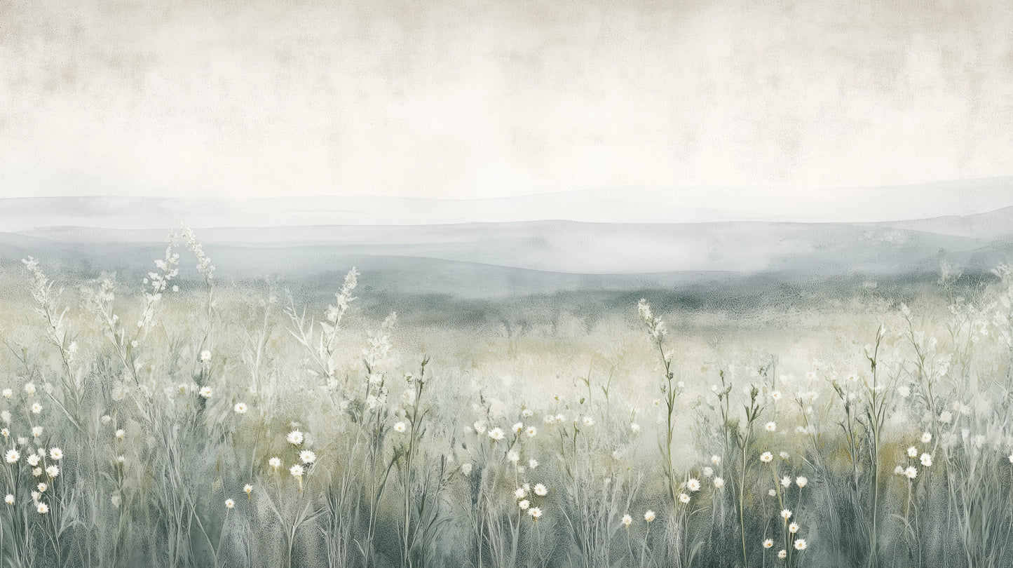 Prezentacja całego wzoru fototapety o nazwie SILENT WILDFLOWERS - tapeta z polaną w delikatnej mgle