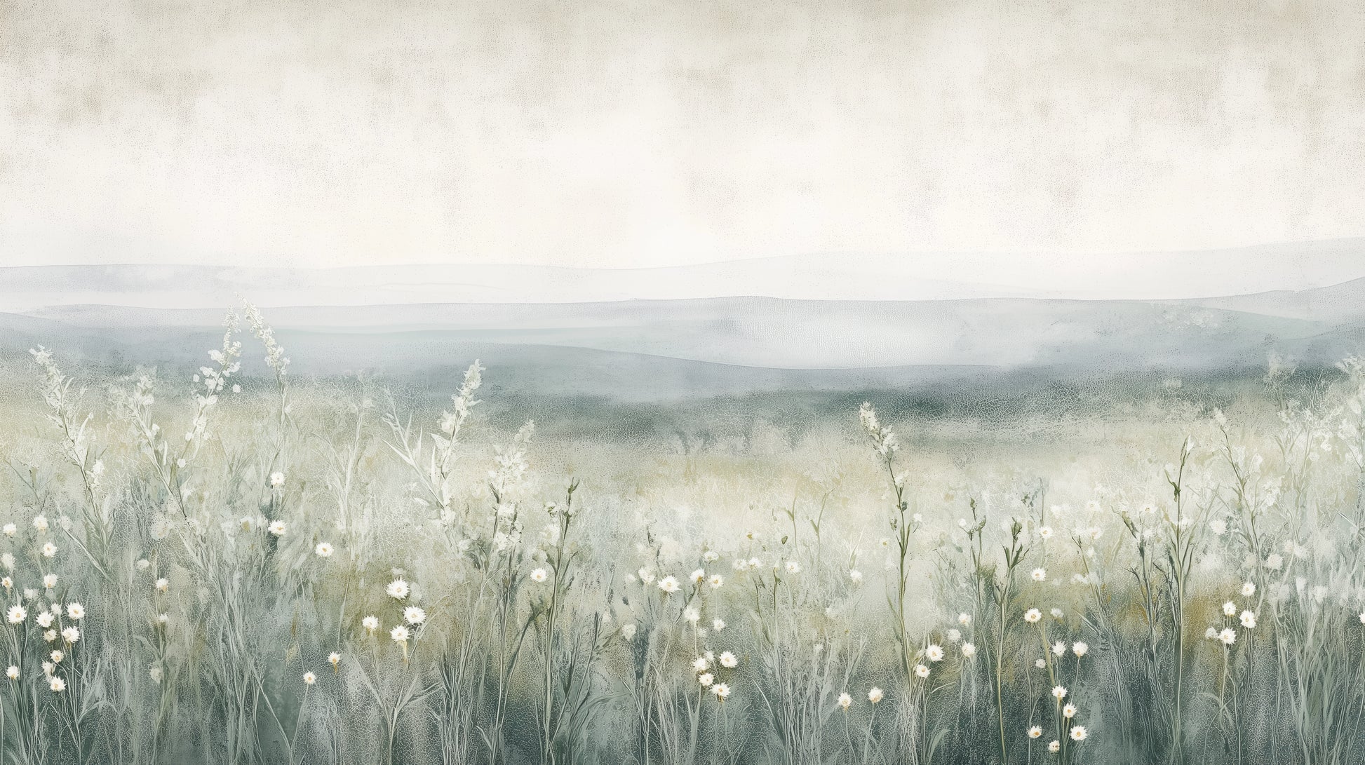 Prezentacja całego wzoru fototapety o nazwie SILENT WILDFLOWERS - tapeta z polaną w delikatnej mgle