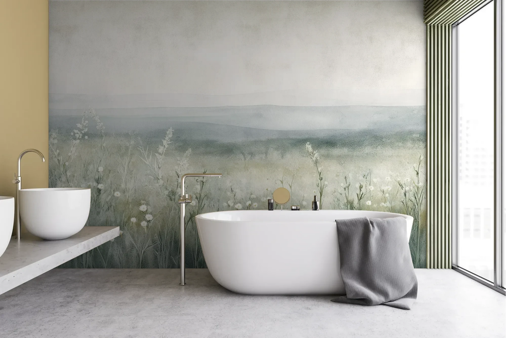 Wzór fototapety SILENT WILDFLOWERS - tapeta z polaną w delikatnej mgle pokazanej w aranżacji łazienki.
