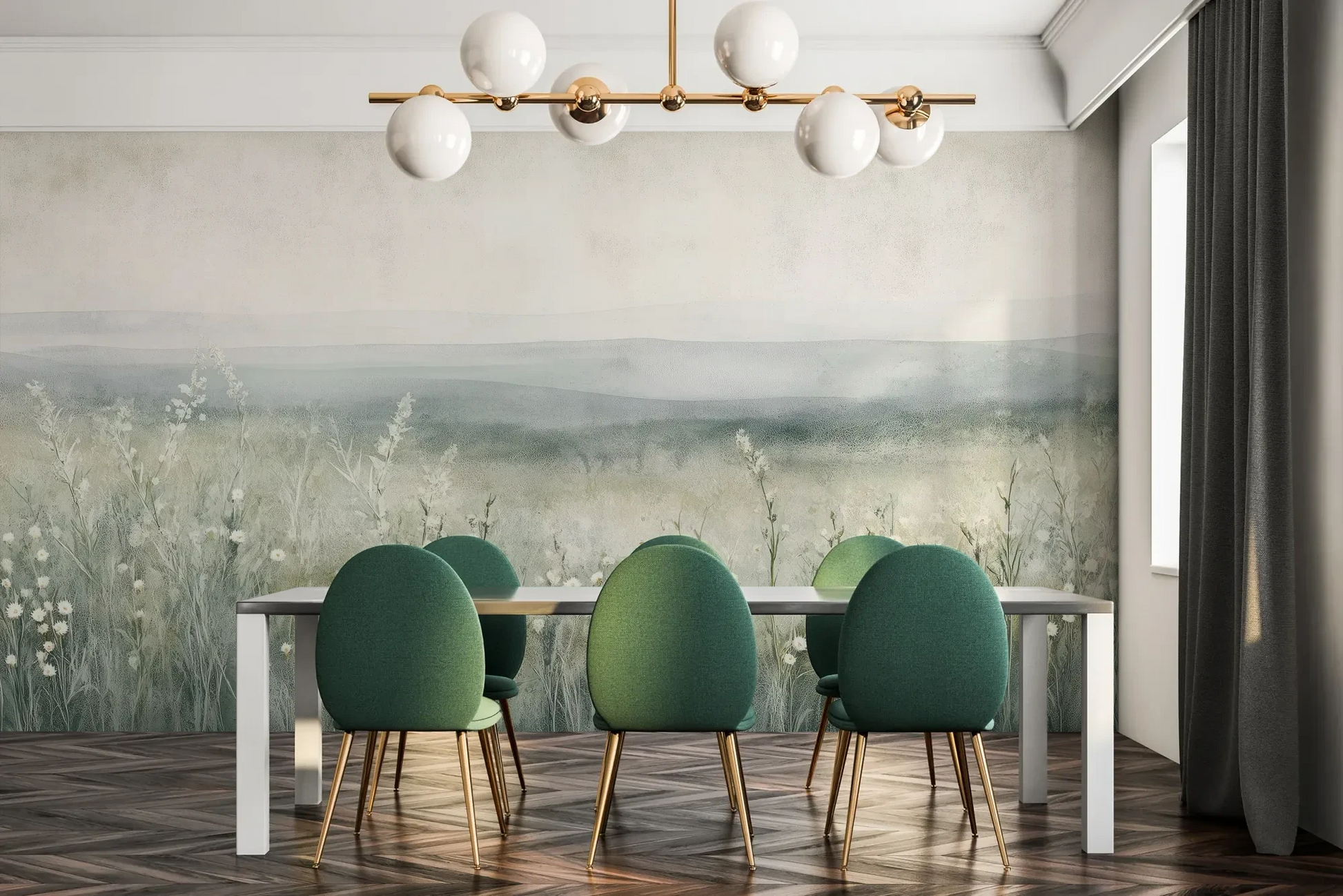 Fototapeta SILENT WILDFLOWERS - tapeta z polaną w delikatnej mgle pokazana w aranżacji jadalni.