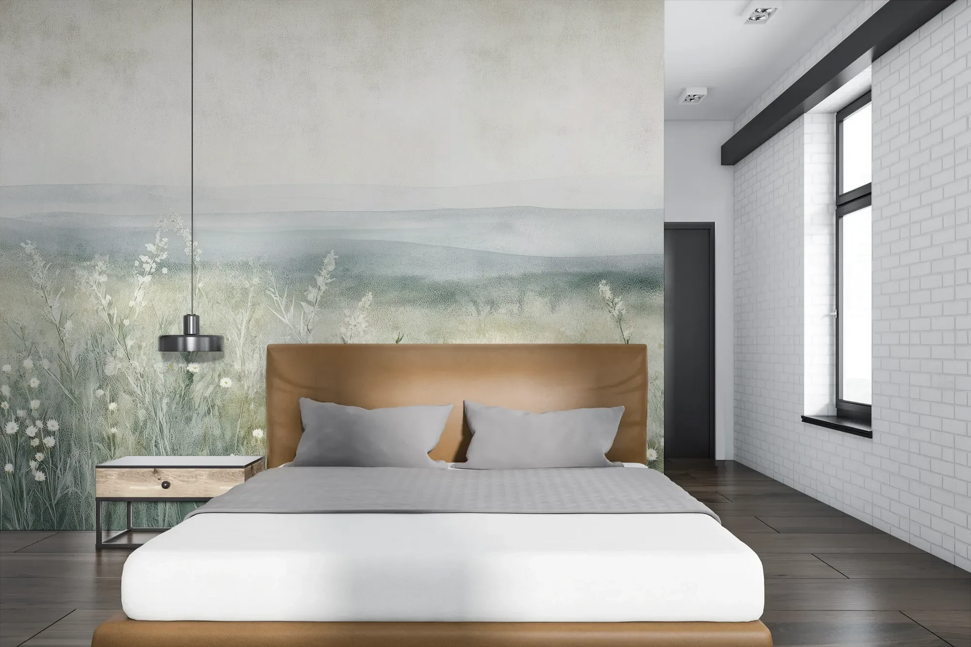 Wzór fototapety SILENT WILDFLOWERS - tapeta z polaną w delikatnej mgle pokazanej w aranżacji sypialni.