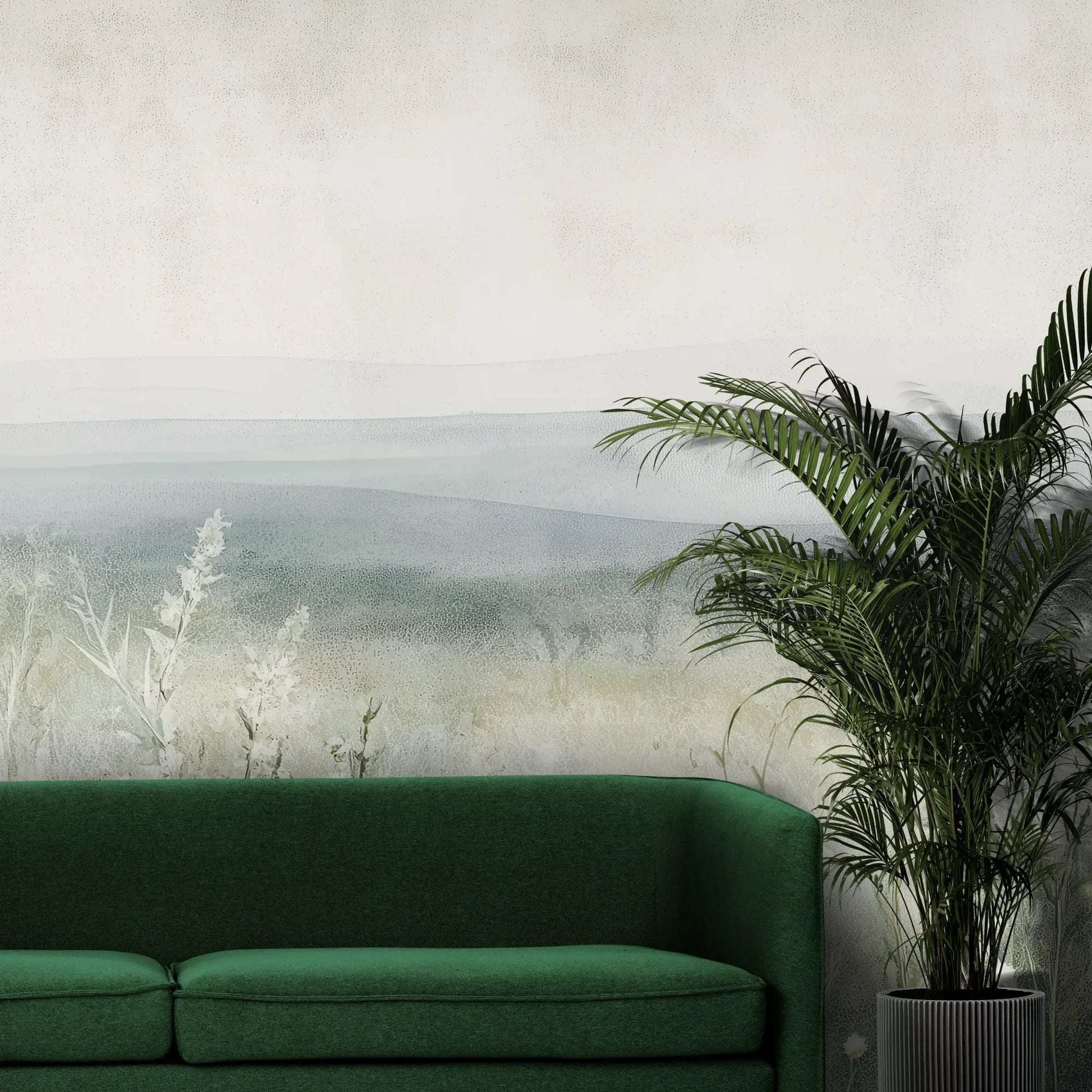 Fototapeta SILENT WILDFLOWERS - tapeta z polaną w delikatnej mgle pokazana w aranżacji wnętrza z akcentem na ścianie.