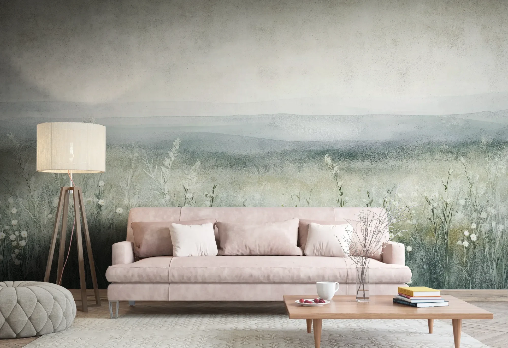 Wzór fototapety SILENT WILDFLOWERS - tapeta z polaną w delikatnej mgle pokazanej w aranżacji salonu.