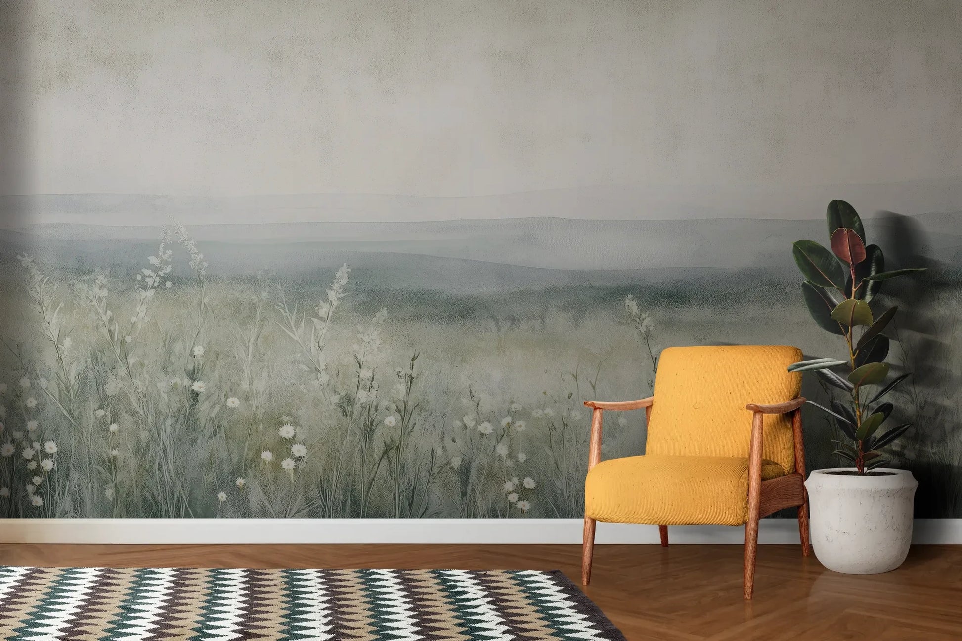 Wzór fototapety SILENT WILDFLOWERS - tapeta z polaną w delikatnej mgle pokazanej w aranżacji salonu.