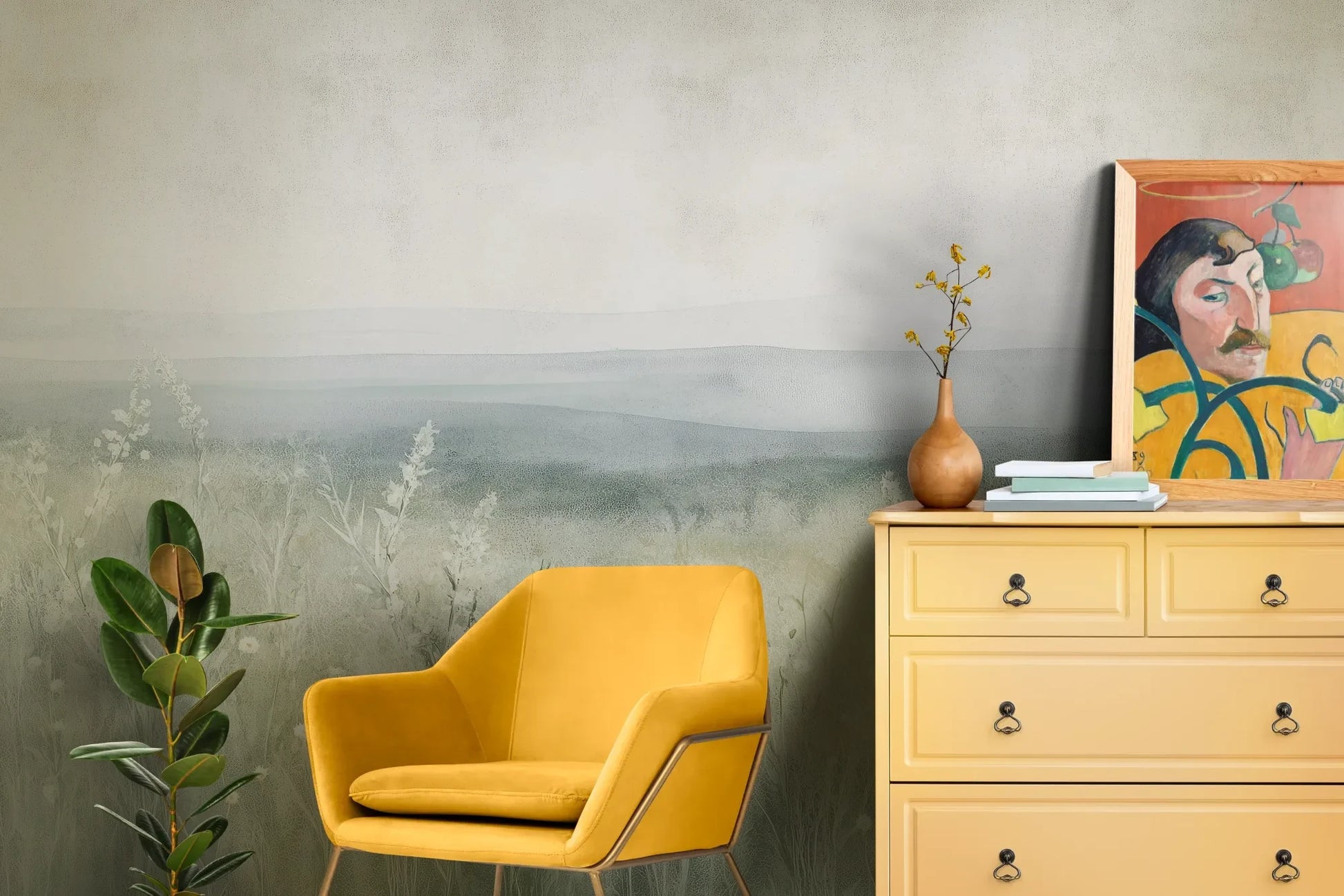 Wzór fototapety SILENT WILDFLOWERS - tapeta z polaną w delikatnej mgle pokazanej w aranżacji salonu.