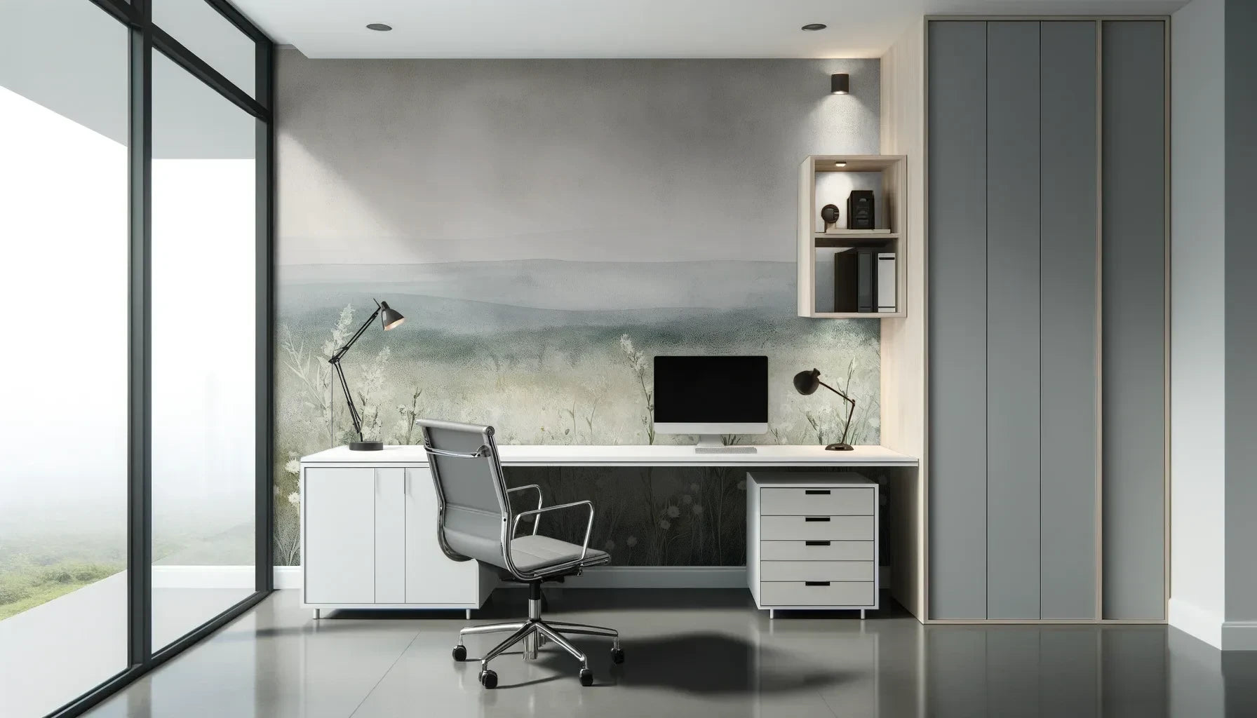 Fototapeta SILENT WILDFLOWERS - tapeta z polaną w delikatnej mgle pokazana w aranżacji biura.