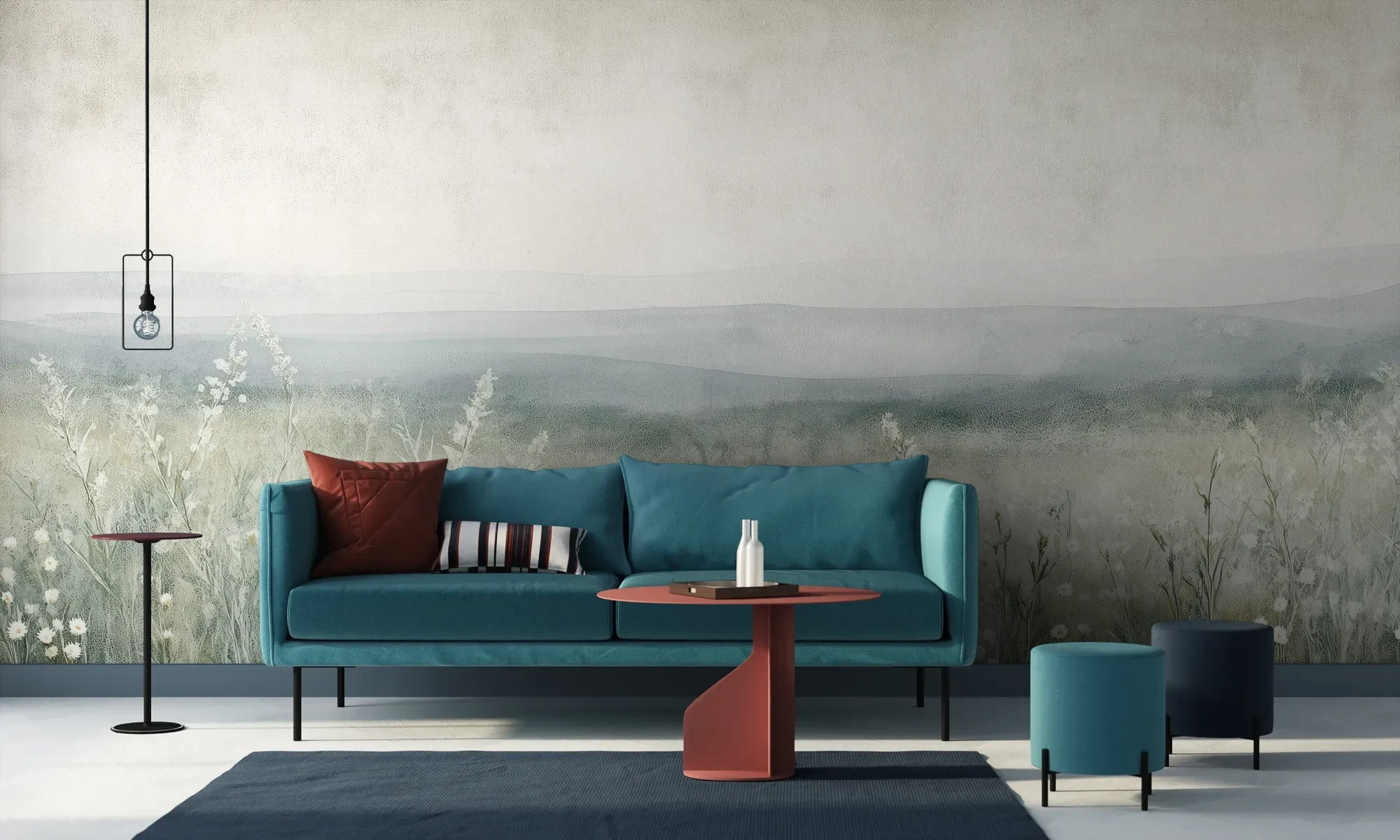 Wzór fototapety SILENT WILDFLOWERS - tapeta z polaną w delikatnej mgle pokazanej w aranżacji salonu.