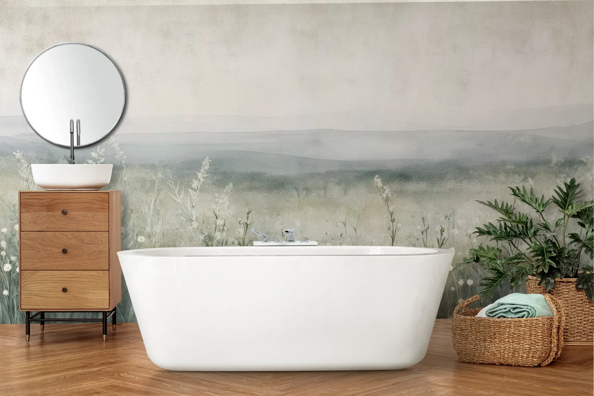 Wzór fototapety SILENT WILDFLOWERS - tapeta z polaną w delikatnej mgle pokazanej w aranżacji łazienki.