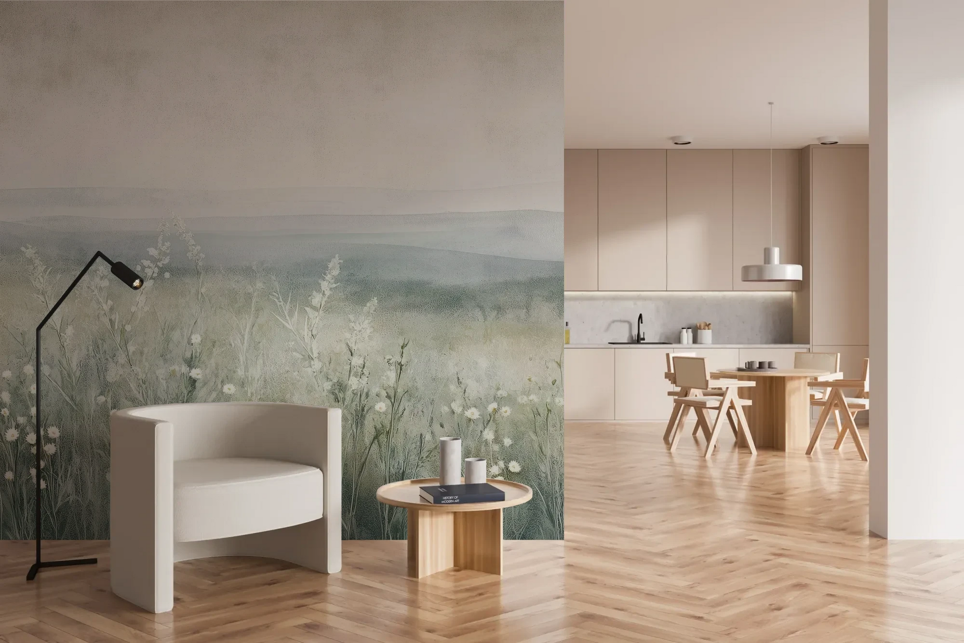 Wzór fototapety SILENT WILDFLOWERS - tapeta z polaną w delikatnej mgle pokazanej w aranżacji kuchni.