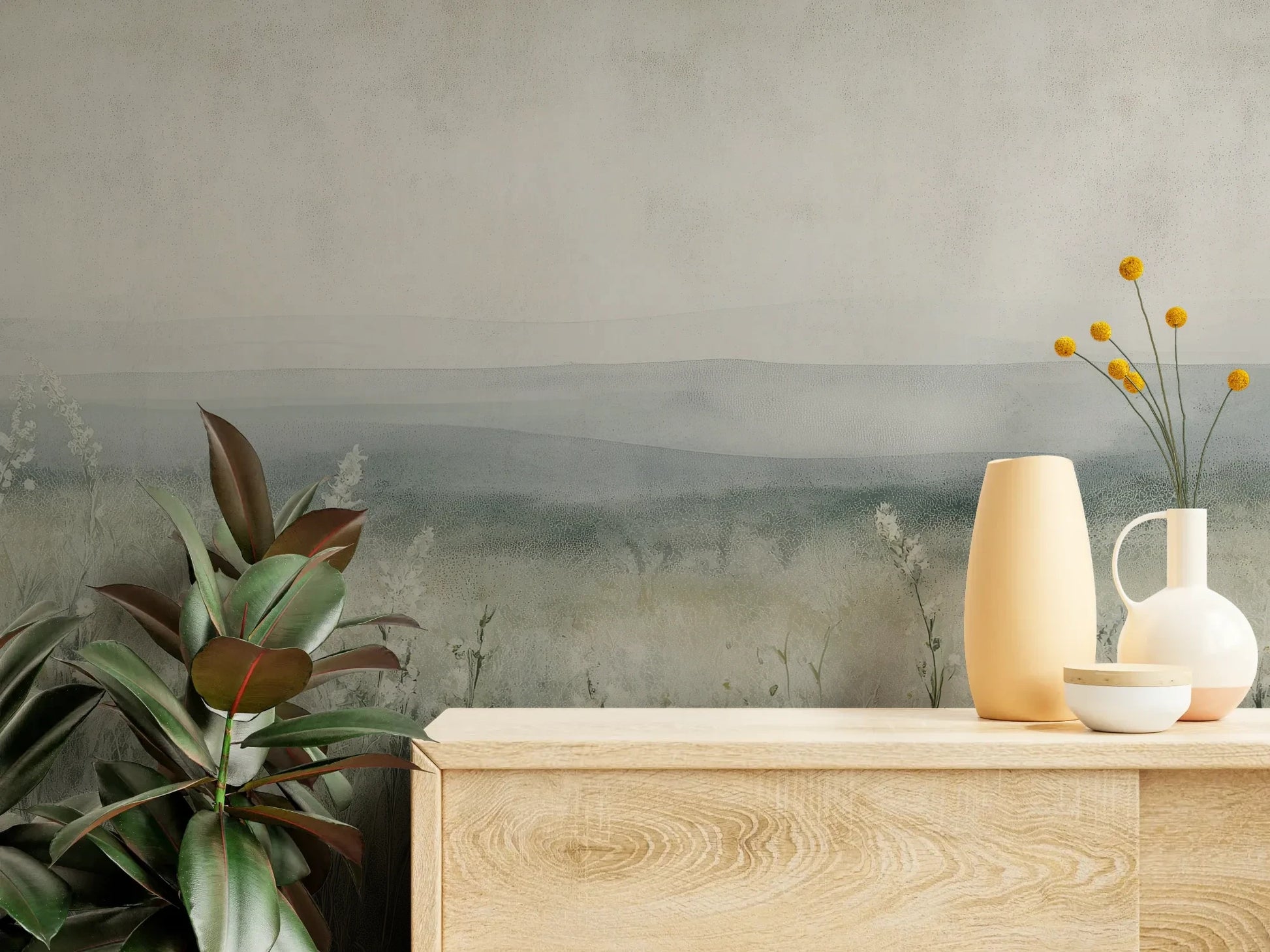 Fototapeta SILENT WILDFLOWERS - tapeta z polaną w delikatnej mgle pokazana w aranżacji wnętrza z akcentem na ścianie.