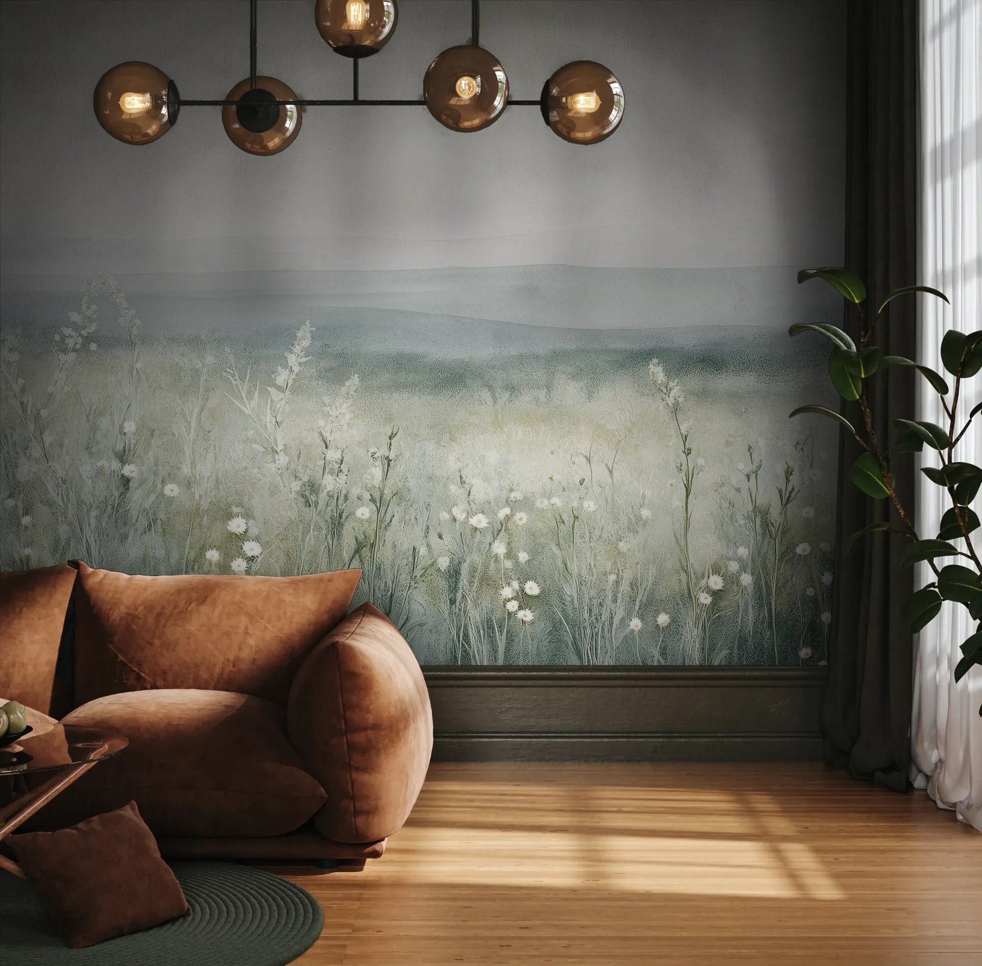 Fototapeta SILENT WILDFLOWERS - tapeta z polaną w delikatnej mgle pokazana w aranżacji wnętrza z akcentem na ścianie.