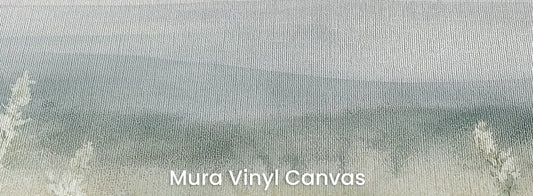 Zbliżenie na fototapetę SILENT WILDFLOWERS - tapeta z polaną w delikatnej mgle na podłożu o fakturze płótna.