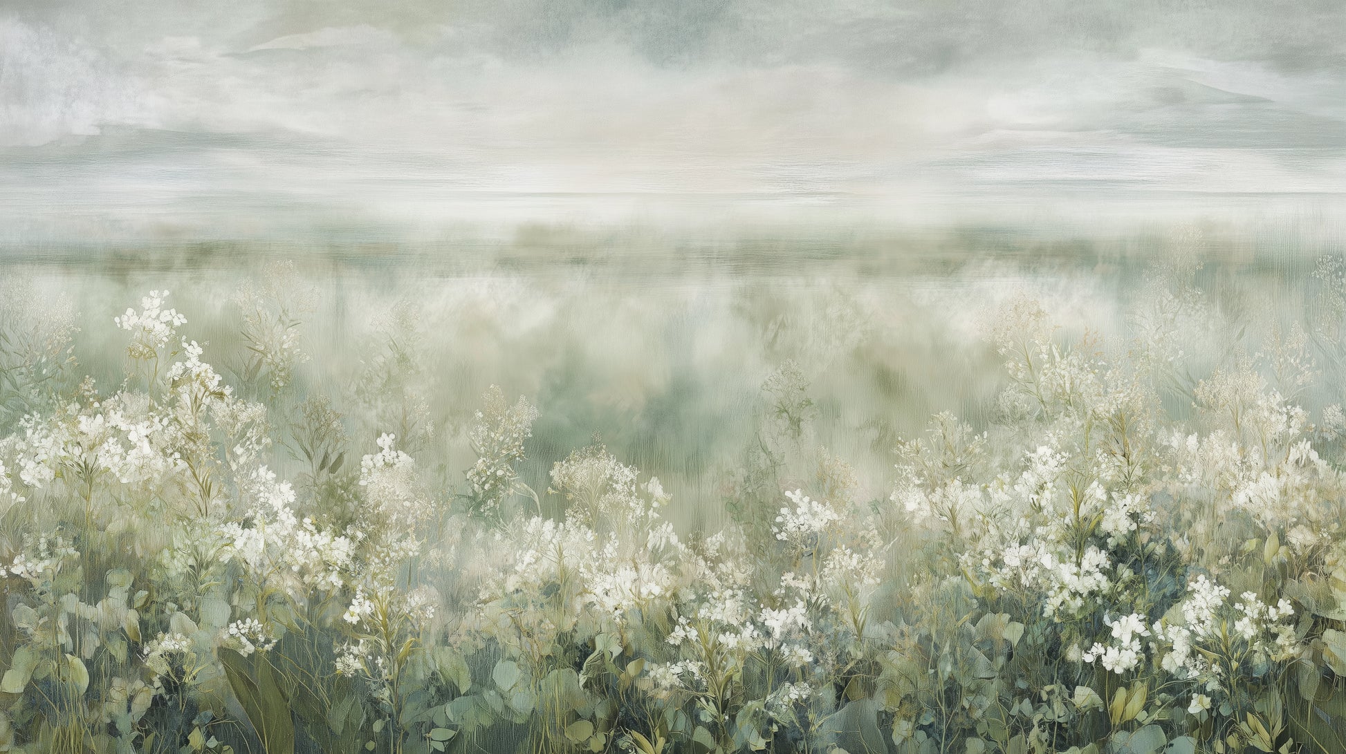 Prezentacja całego wzoru fototapety o nazwie FROST BLOSSOM VISTA - tapeta z mglistą łąką kwiatów