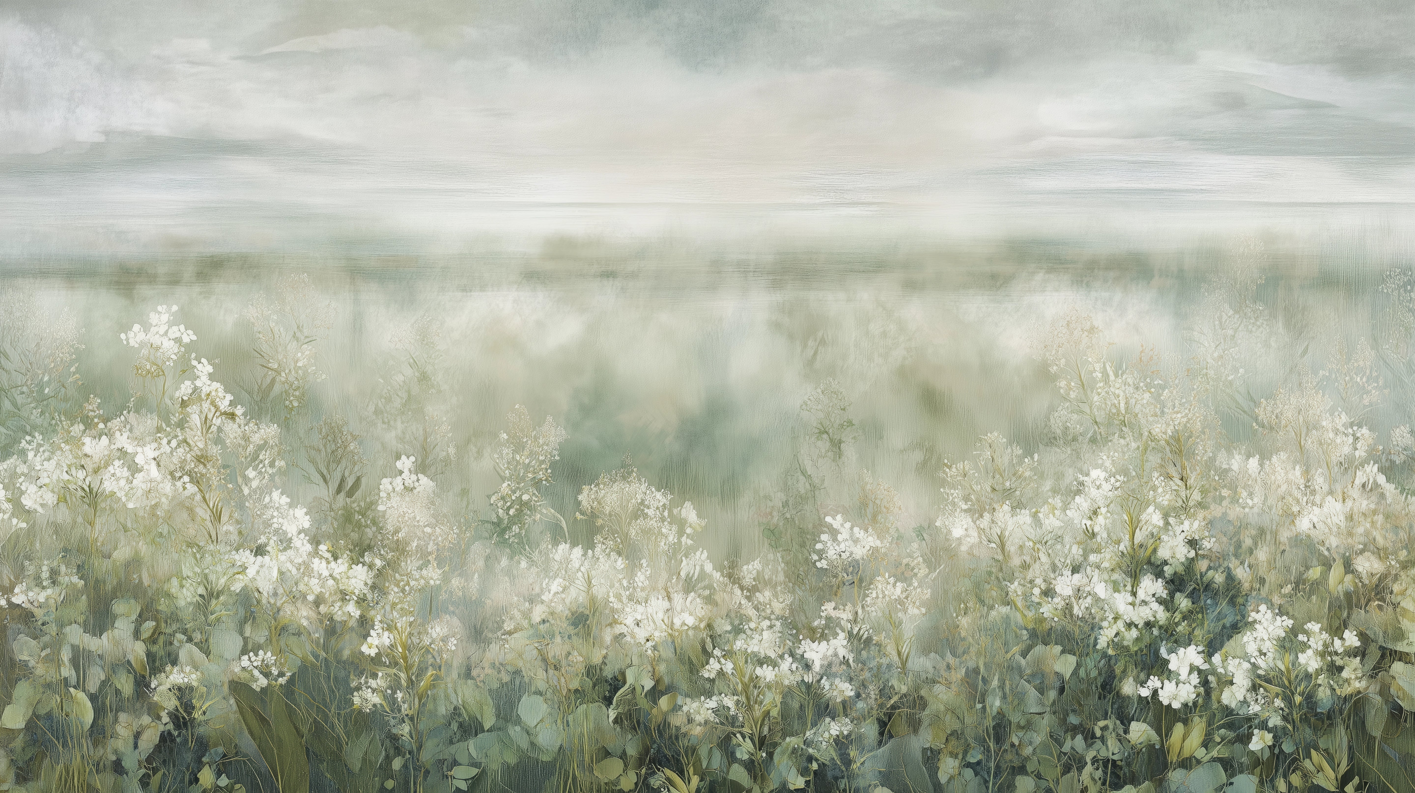 Podgląd wzoru: Prezentacja całego wzoru fototapety o nazwie FROST BLOSSOM VISTA - tapeta z mglistą łąką kwiatów