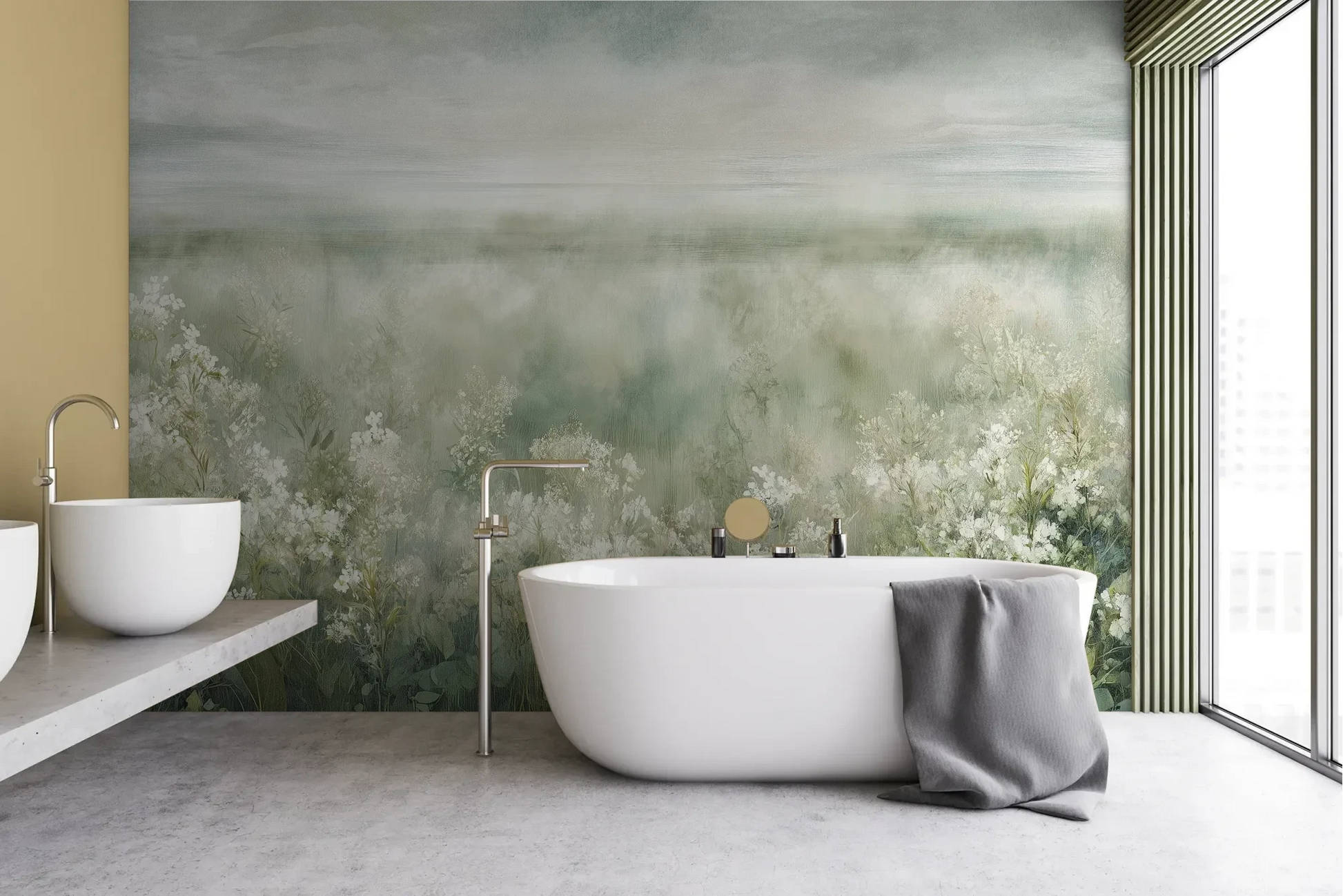 Wzór fototapety FROST BLOSSOM VISTA - tapeta z mglistą łąką kwiatów pokazanej w aranżacji łazienki.