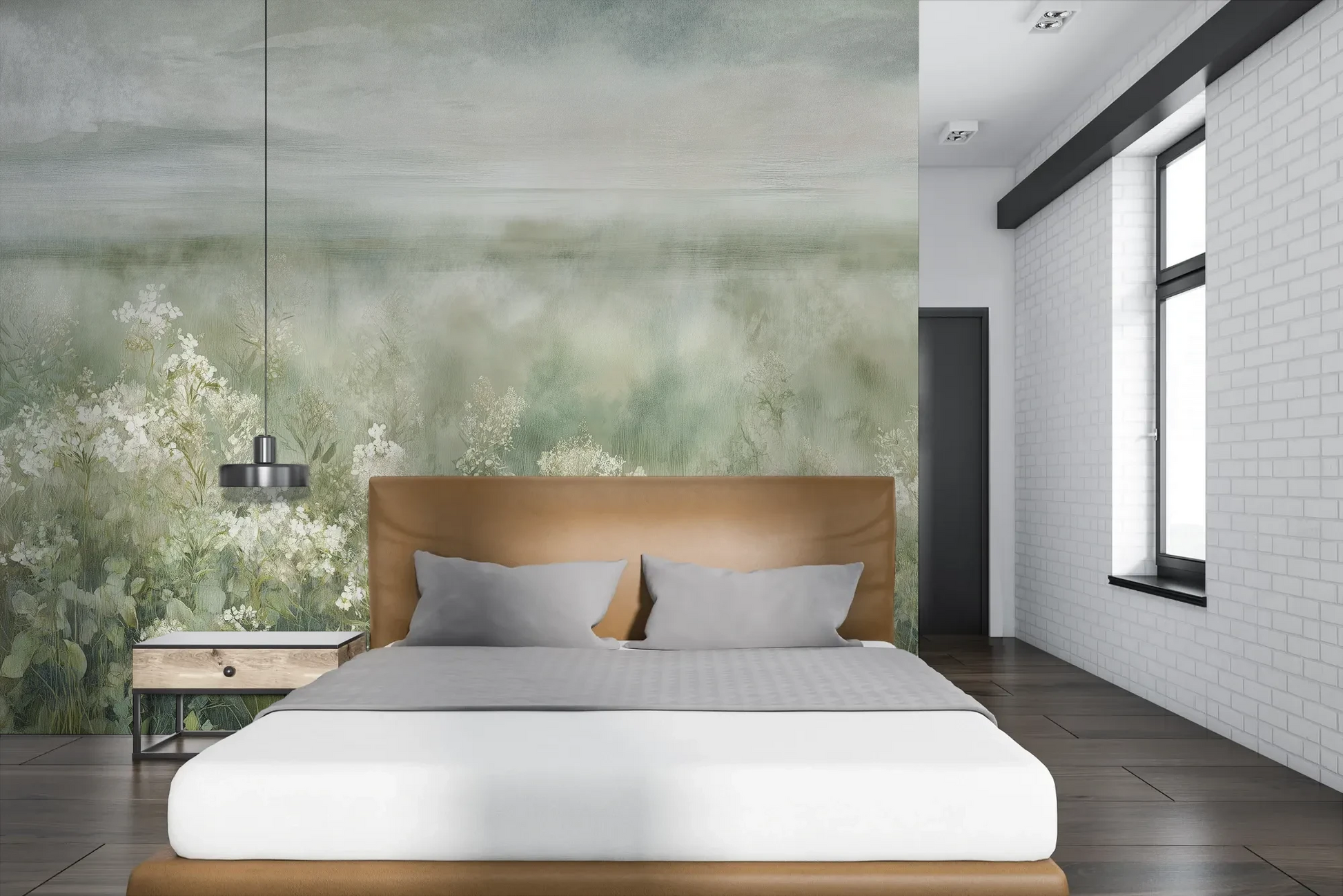 Wzór fototapety FROST BLOSSOM VISTA - tapeta z mglistą łąką kwiatów pokazanej w aranżacji sypialni.