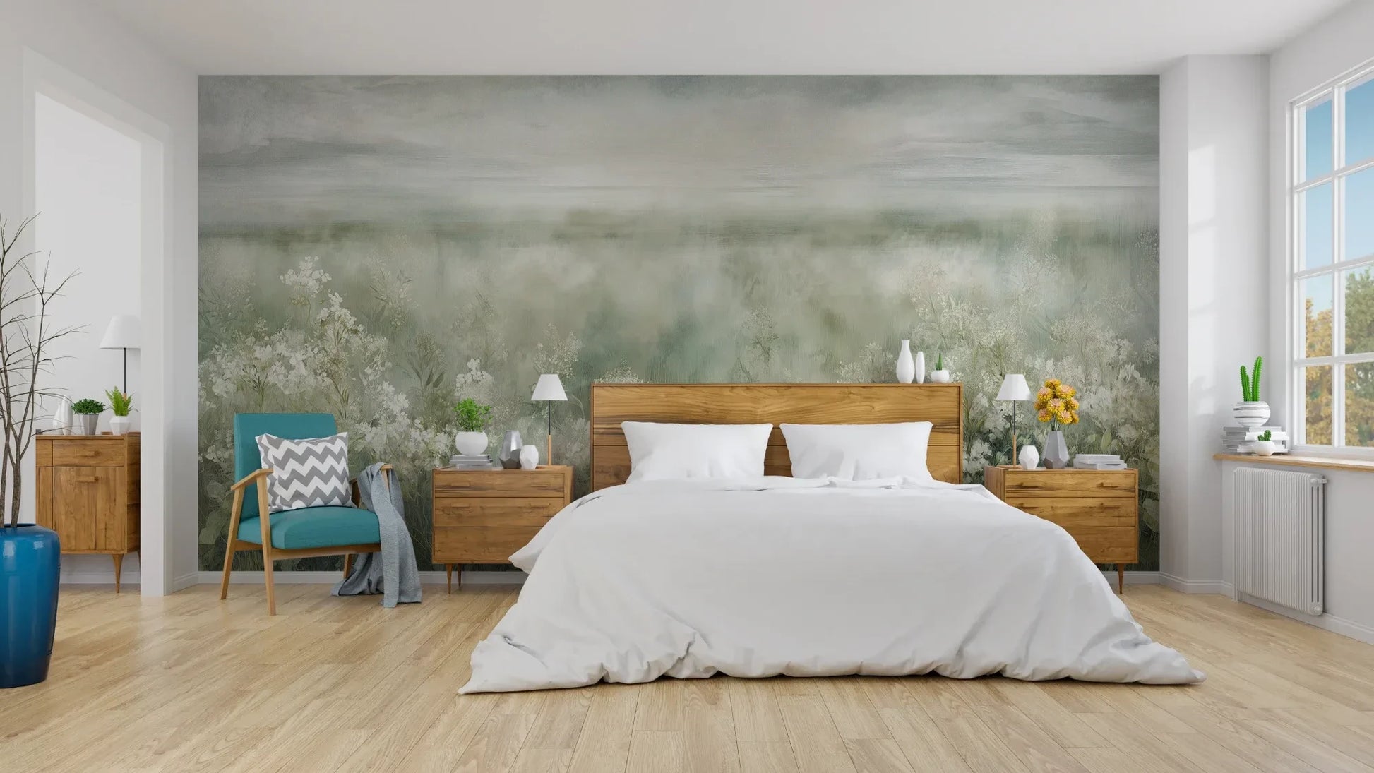 Wzór fototapety FROST BLOSSOM VISTA - tapeta z mglistą łąką kwiatów pokazanej w aranżacji sypialni.