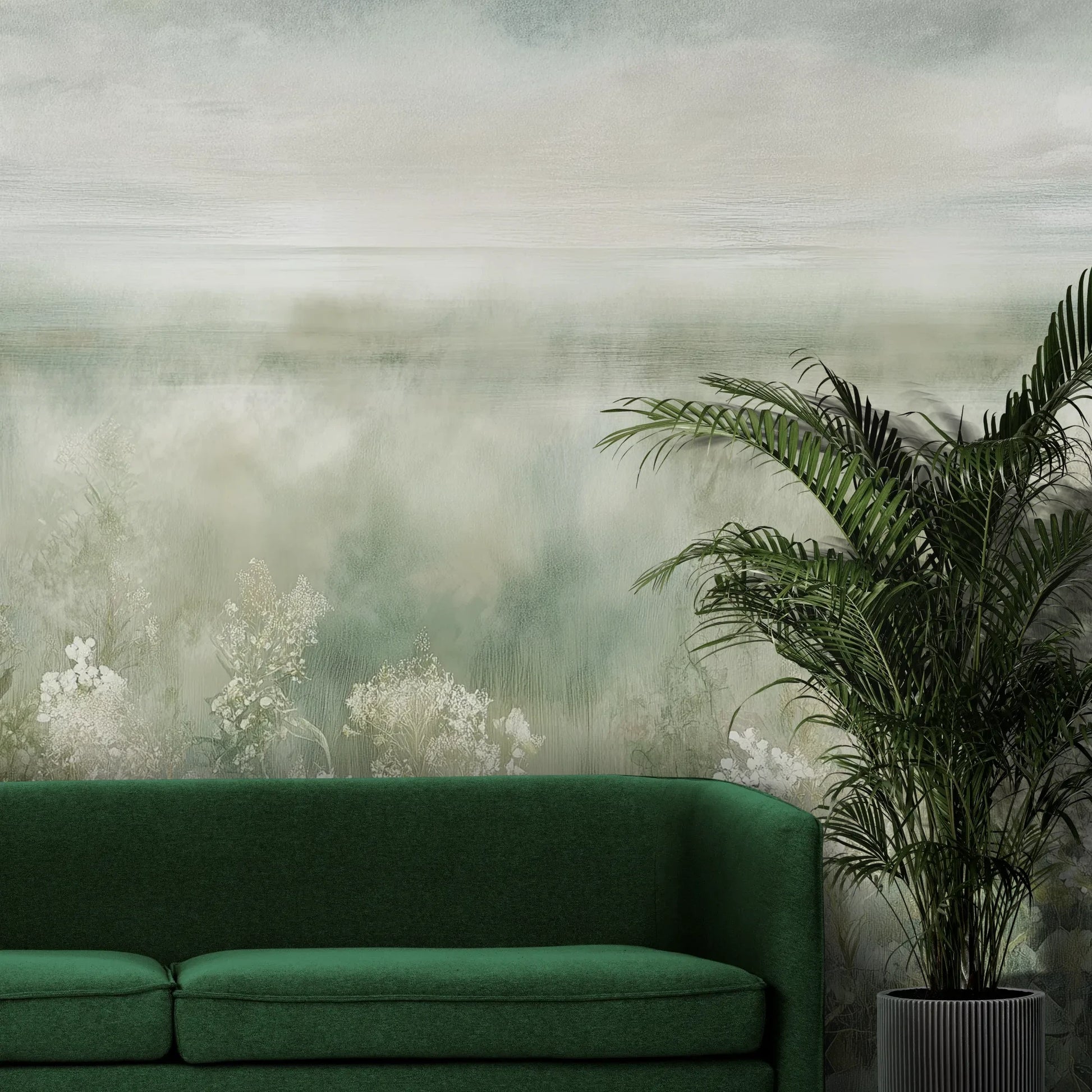 Fototapeta FROST BLOSSOM VISTA - tapeta z mglistą łąką kwiatów pokazana w aranżacji wnętrza z akcentem na ścianie.