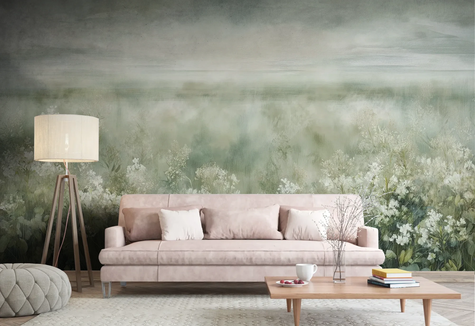 Wzór fototapety FROST BLOSSOM VISTA - tapeta z mglistą łąką kwiatów pokazanej w aranżacji salonu.