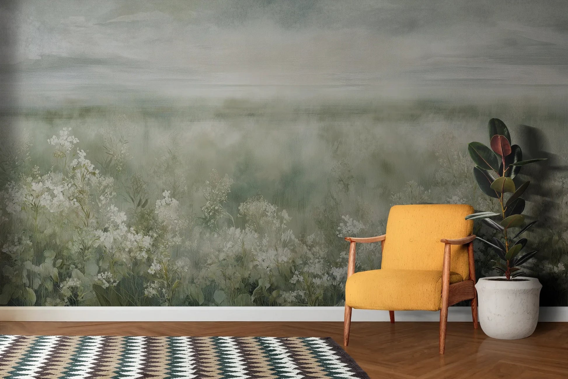 Wzór fototapety FROST BLOSSOM VISTA - tapeta z mglistą łąką kwiatów pokazanej w aranżacji salonu.