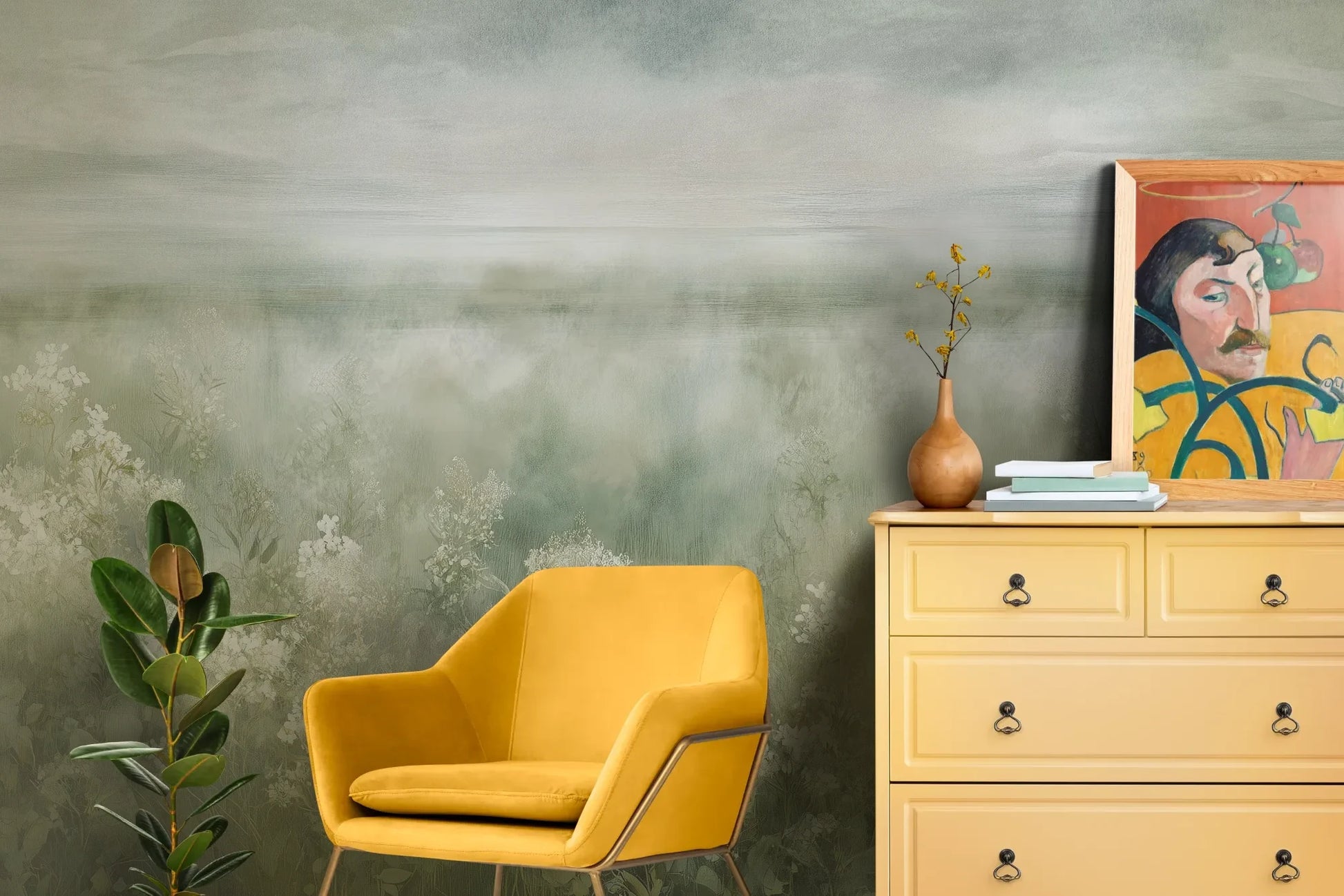 Wzór fototapety FROST BLOSSOM VISTA - tapeta z mglistą łąką kwiatów pokazanej w aranżacji salonu.