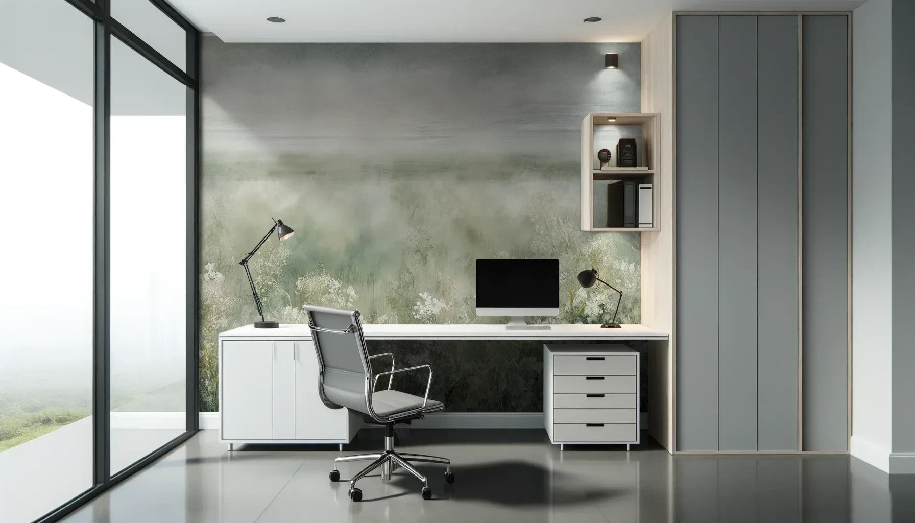 Fototapeta FROST BLOSSOM VISTA - tapeta z mglistą łąką kwiatów pokazana w aranżacji biura.