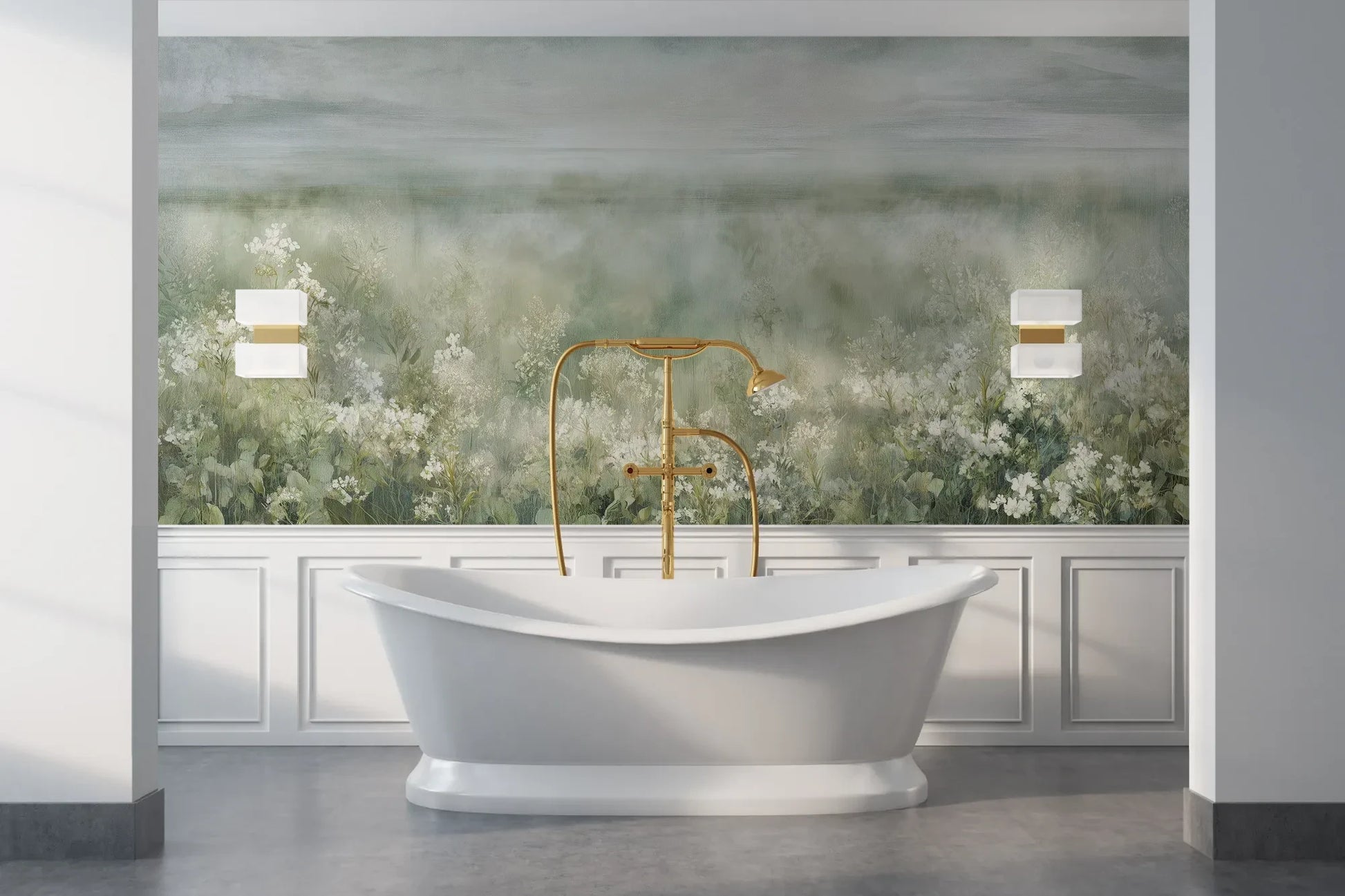 Wzór fototapety FROST BLOSSOM VISTA - tapeta z mglistą łąką kwiatów pokazanej w aranżacji łazienki.