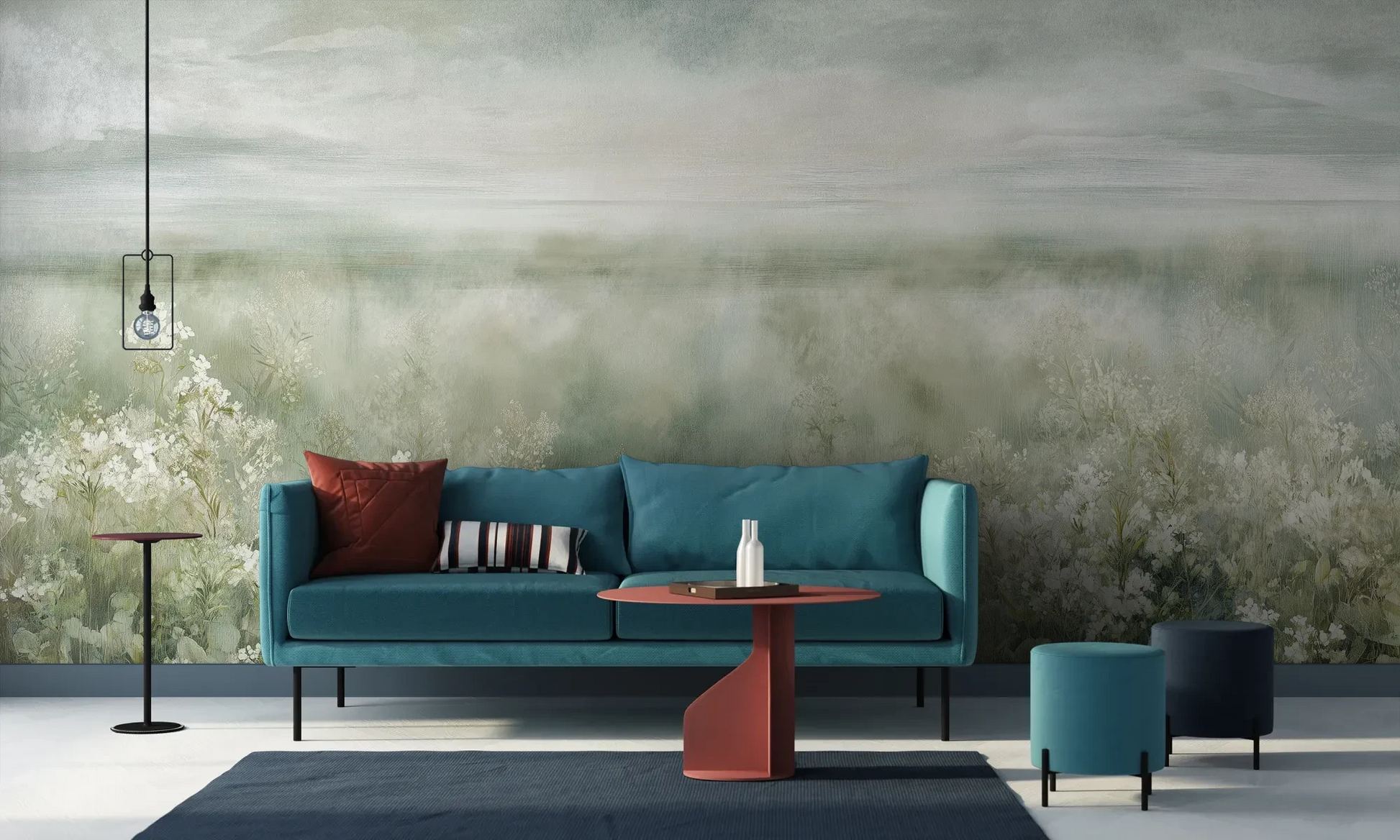 Wzór fototapety FROST BLOSSOM VISTA - tapeta z mglistą łąką kwiatów pokazanej w aranżacji salonu.